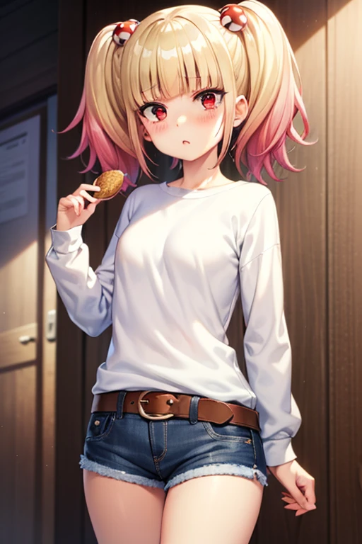 ((masterpiece)),(best quality),official art,extremely detailed CG,unity 8k wallpaper,ultra detailed,beautiful detailed eyes,extremely detailed face,1girl,solo,cowboy shot,looking at viewer,niguredou julia,multicolored hair,gradient hair,pink hair,blonde hair,twintails,food-themed hair ornament,mushroom hair ornament,red eyes,white shirt,long sleeves,denim shorts,shorts rolled up,belt