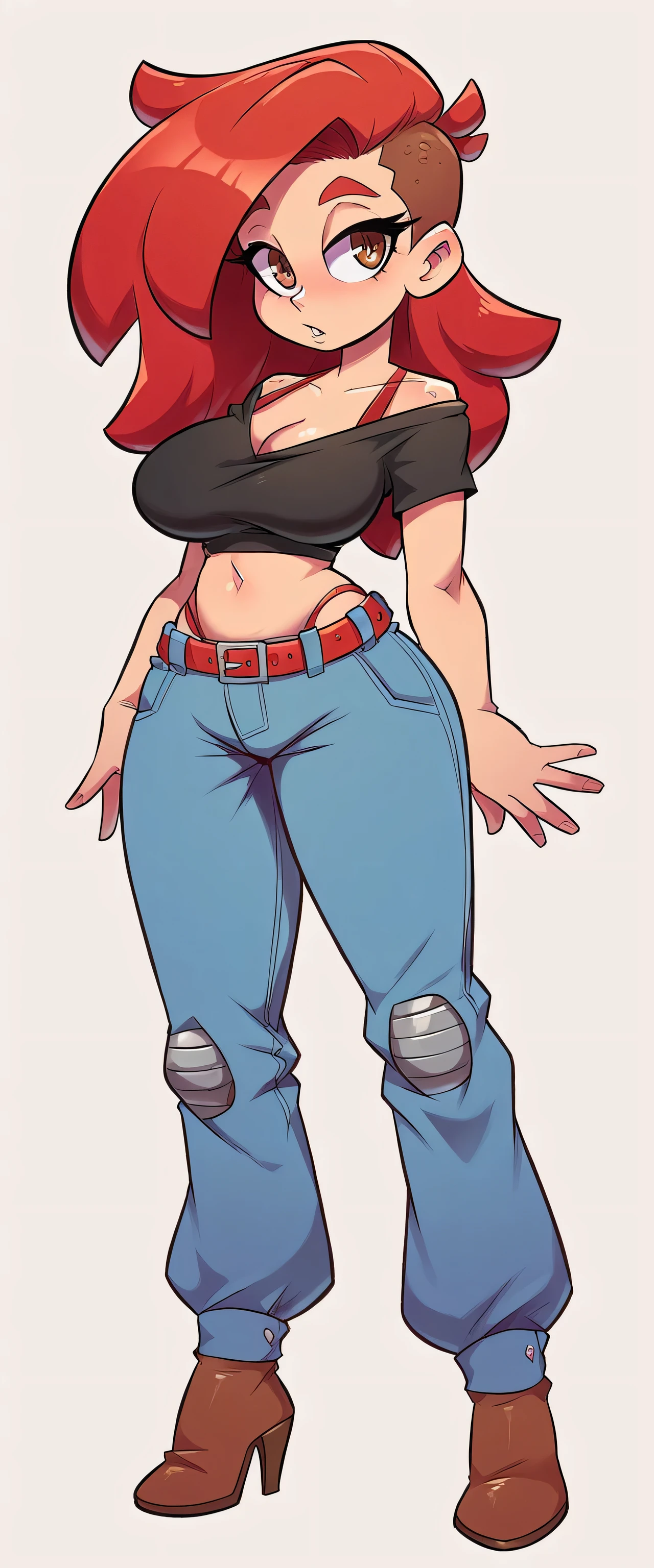 A tall average beautiful girl with beautiful attractive sexy big breasts, loose red hair, disheveled, her brown eyes are wearing a black top with a knot tied and she shows a red bra underneath, she shows her belly button and a metallic blue pant with a red belt and brown heels, she is powerful