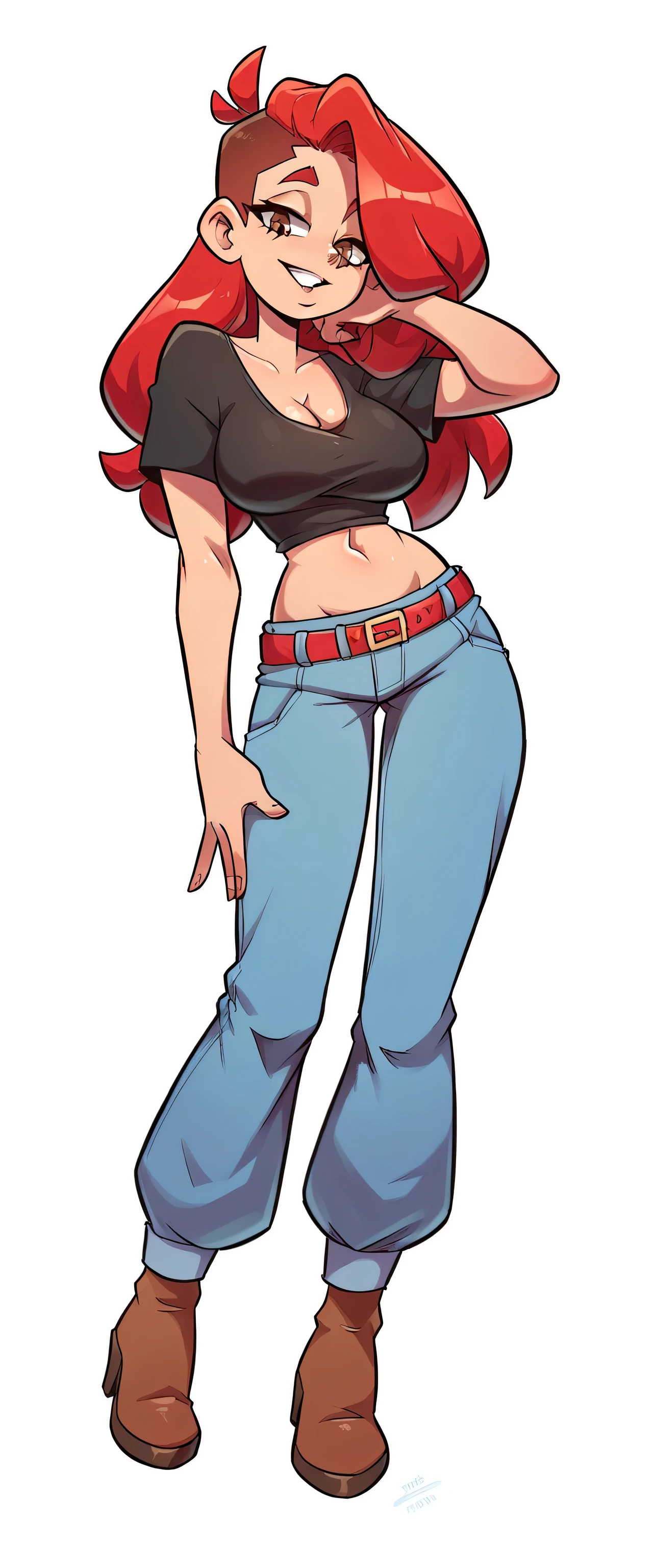 A tall average beautiful girl with beautiful attractive sexy big breasts, loose red hair, disheveled, her brown eyes are wearing a black top with a knot tied and she shows a red bra underneath, she shows her belly button and a metallic blue pant with a red belt and brown heels, she is powerful