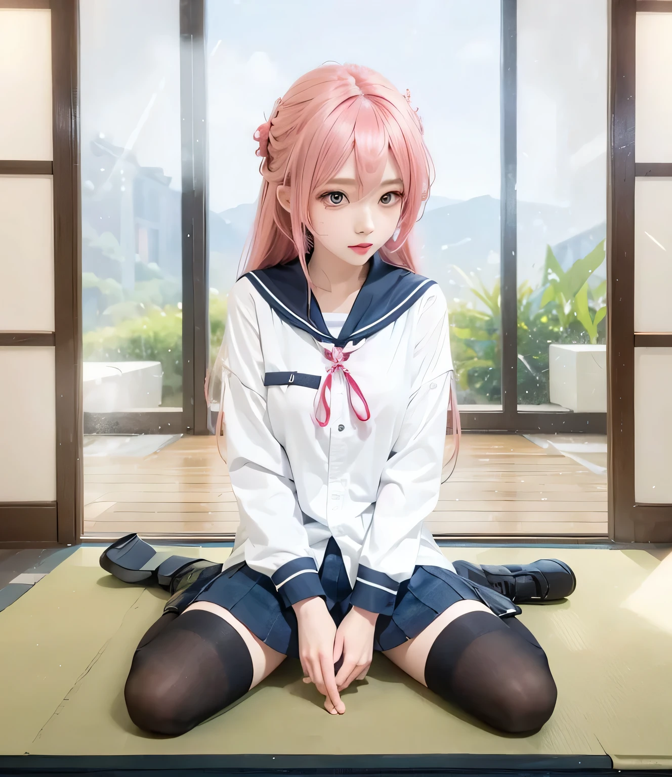 (Raw photo, Best Quality), (Realistic, Photorealsitic:1.3),Best Quality,Highly detailed,masutepiece,Ultra-detailed,Illustration,full body , pink haired cat-eared cat girl,wear micro mini scart , Wear Japanese high school girls' sailor uniforms ,beautiful bare leg,The crotch is showing, Japanese girl, frontal face, sitting a sofa,Dynamic Angle,world masterpiece theater,Messy_long_hair,Best Quality,the Extremely Detailed CG Unity 8K Wallpapers,inky,amazing,Cinematic lighting,lens_f lare, idol_Style,