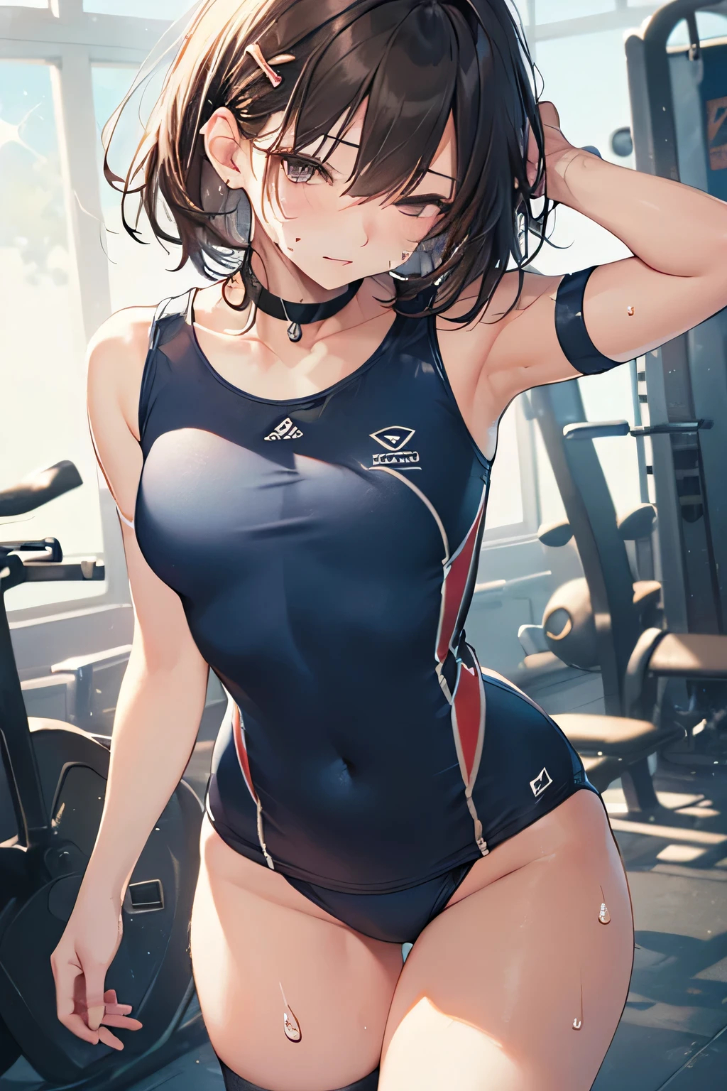 (masterpieceThe best quality:1.3),(8k,High resolution:1.3),Ultra-detailed illustrations,Outline Vector Graphic,Very detailed,Sharp focus, (Very cute,cute,Beautiful legs,Shiny skin,aesthetic anime eyes,Oily lips,slender:1.2), break, 1,,(Small breasts,Narrow waist:1.2),(skinny:1.4),Olympic Stadium,((((Cowboy Shot,walk short distance)))),((Leaning forward)),(Focus on the groin,Crotch close-up:1.3),(((Look away))), break, ((((Very detaileded low leg cut matte navy blue buluma with crotch seam)))),Simple white vector flat logo printed on left waist,((pantylines)),(Peeking at the crotch:1.2),(Swimsuit underline:1.3), (Very detaileded white gym uniform,White gym shirt:1.3),A simple vector logo is printed in blue on the top left of the shirt,(Erect breasts:1.1), A translucent white over-the-knee high with attention to detail, Bobcut,Shiny dark brown hair,Straight hair,Hair Clip,Choker,shoes,((Sparkling brown eyes)),(Thick eyebrows:0.6),(Bright Eyes:0.6), (((Floating Hair))),(sweat,sweatdrop,steam,breathe,Surprised,Half-closed eyes:1.2), (Very detaileded seam:1.3),