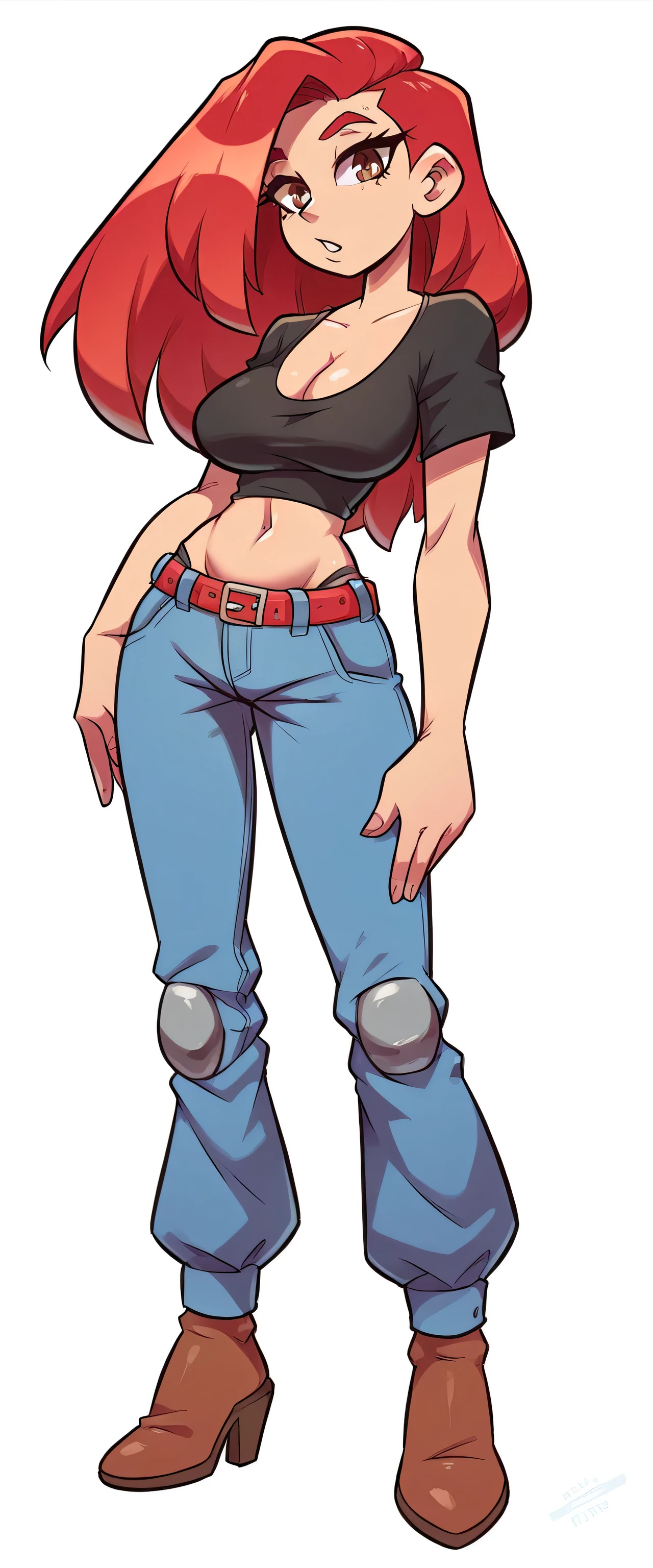 A tall average beautiful girl with beautiful attractive sexy big breasts, loose red hair, disheveled, her brown eyes are wearing a black top with a knot tied and she shows a red bra underneath, she shows her belly button and a metallic blue pant with a red belt and brown heels, she is powerful