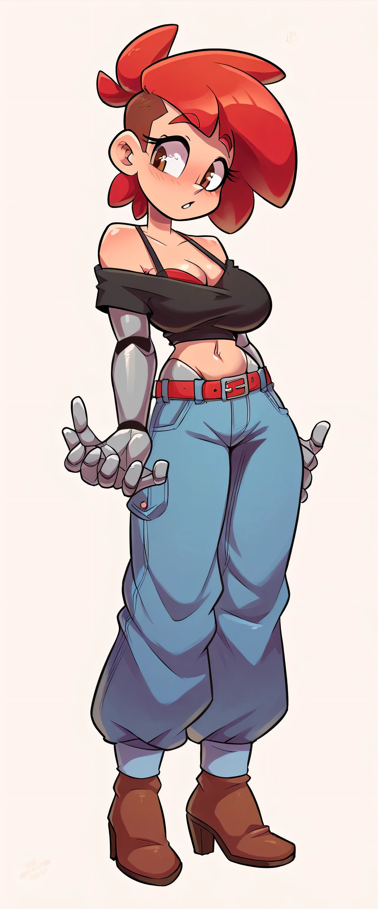 A tall average beautiful girl with beautiful attractive sexy big breasts, loose red hair, disheveled, her brown eyes are wearing a black top with a knot tied and she shows a red bra underneath, she shows her belly button and a metallic blue pant with a red belt and brown heels, she is powerful