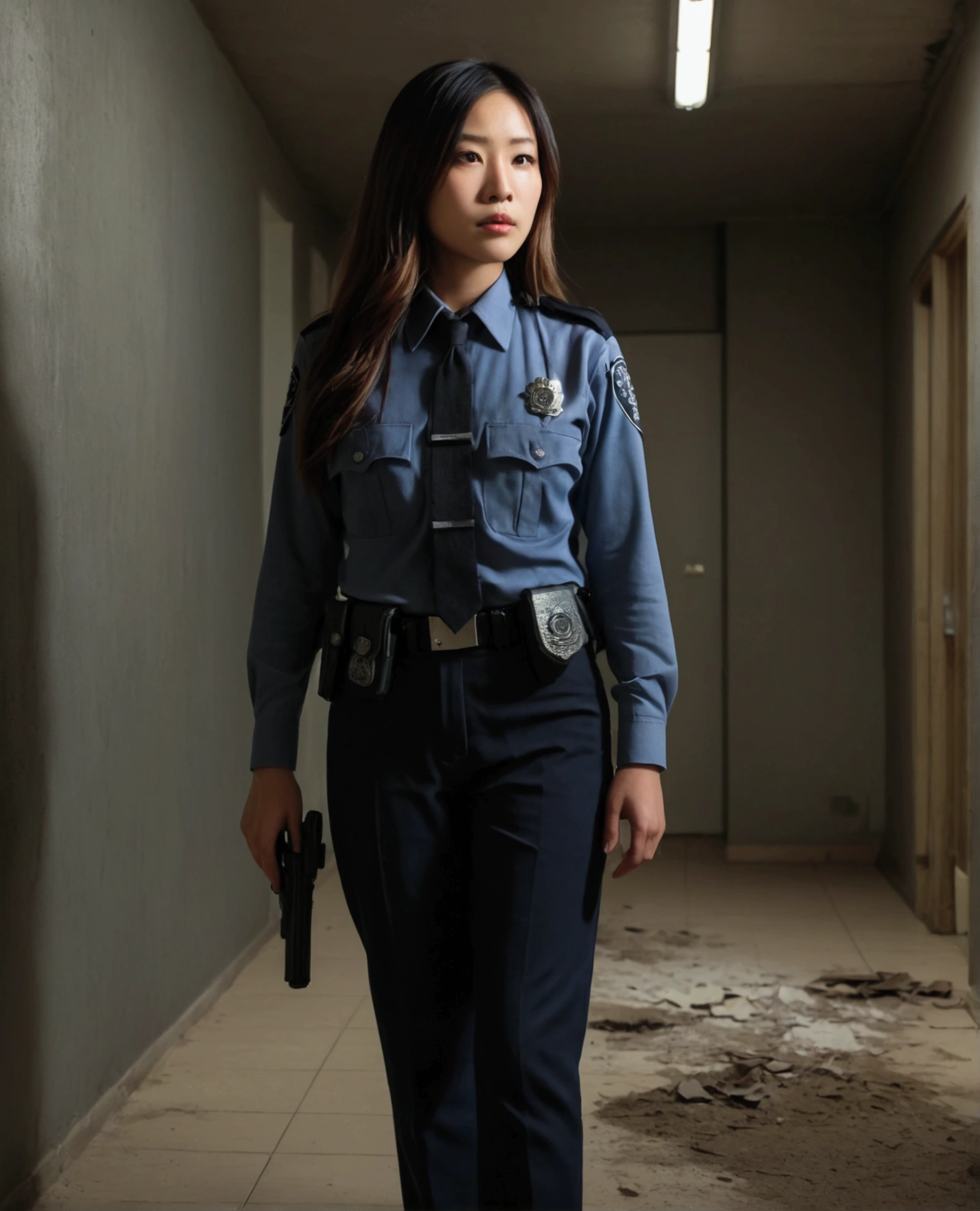 a beautiful japanese woman police officer, 1girl, detailed face and eyes, long flowing hair, dimly lit hallway, standing position, side arm drawn and pointed downrange, dust and debris falling, ominous dark figure lurking in background, (best quality,8k,highres,masterpiece:1.2),ultra-detailed,(realistic,photorealistic,photo-realistic:1.37),dramatic lighting,moody atmosphere,cinematic composition,dark and gritty,atmospheric,detailed textures,strong shadows