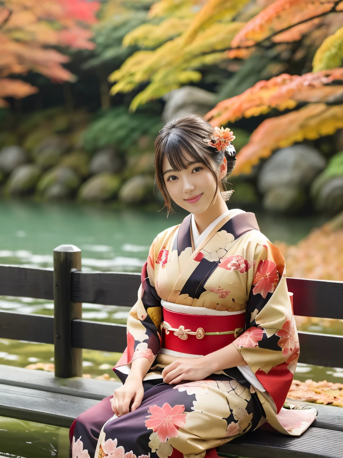 (masterpiece, best quality:1.2), 1girl, Alone, Japanese women, Beauty, 20 years old,  Perfect eyes with perfect symmetry,  Very detailed, hyper practical, masterpiece, AtmosphereHigh Resolution,  Happy expression,  Beautiful breasts,  Brown eyes,　(Red gorgeous Japanese style floral luxury kimono、Long-sleeved kimono, Kyoto Yuzen), smile, Black Hair、Short Hair, With bangs, Japanese style hair accessories, (Sit on a bench and look at the autumn leaves), (The background is a beautiful Japanese autumn landscape、nature, Autumnal leaves, Light)