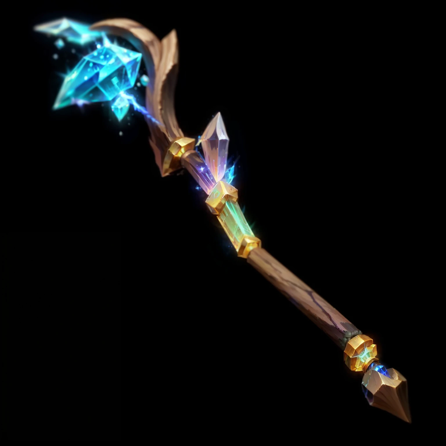 Close up of blue light on wooden stick,crystal, World of Warcraft Spell Icons，HD，4K,Scepter,Wooden stick, Magic Wand,Game items,League of Legends Inventory Items，Stylized game icons, League of Legends style