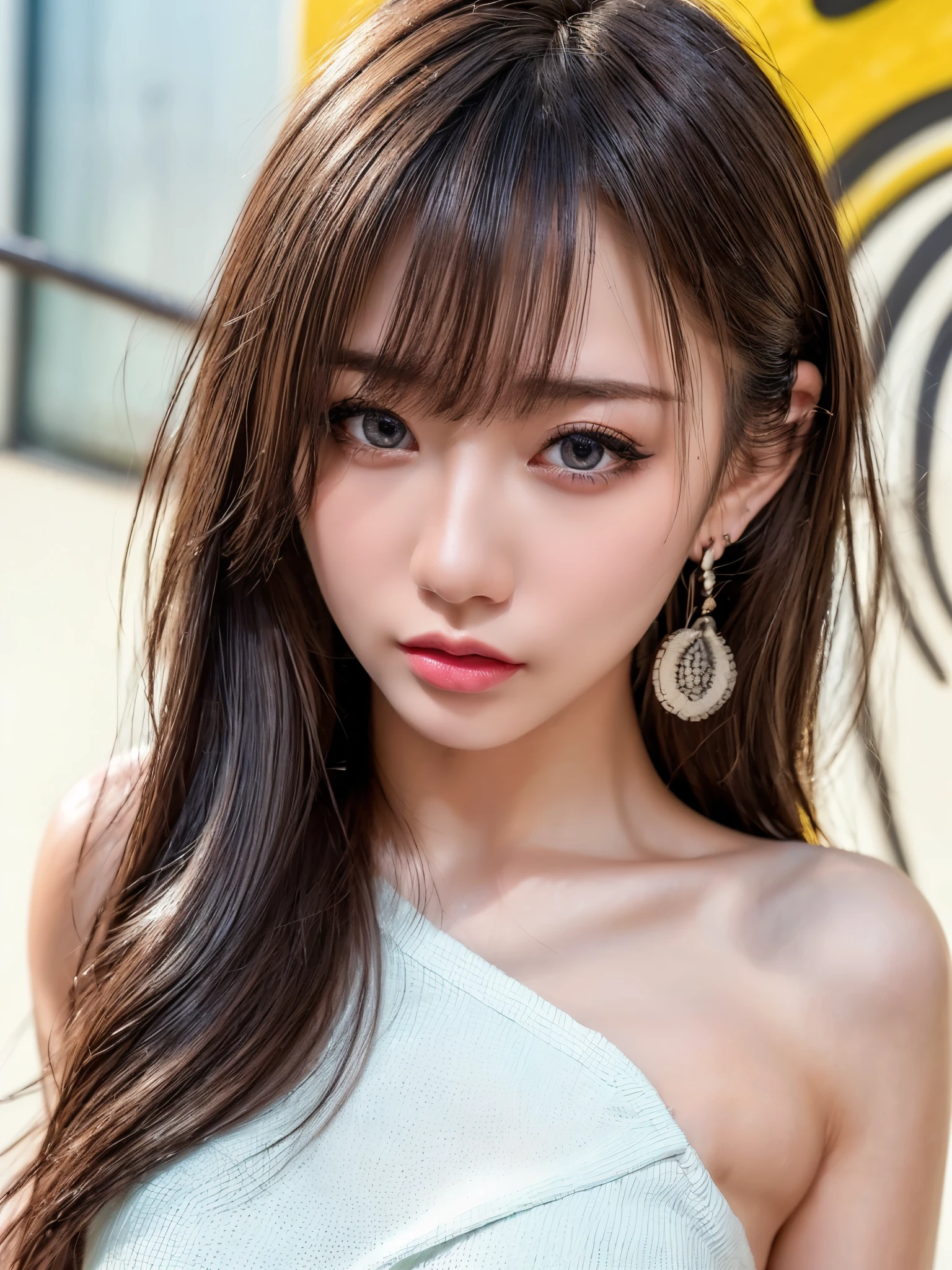 (UHigh resolution, retina, masterpiece, Accurate, Anatomically correct, Textured skin, Super Detail, Attention to detail, high quality, 最high quality, High resolution, 1080P, High resolution, 4K, 8k, 16k), (美しいAttention to detail目, Beautiful lip detail, Highly detailed eyes and face), Soft lighting, Physically Based Rendering, Vibrant colors,(((最high quality,masterpiece, 高精細CG8kイラスト, Graffiti art, Center Configuration, wall, Highly detailed face and eyes,masterpiece, 最high quality, Alone, One girl, Glowing Skin, Earrings,Bright lighting, Splendid, Whimsical details,  Fascinating, Bare shoulders,Clothes,Wide-hemmed trousers, Shallow depth of field, Contrasting, Professional Model,Detailed eyes,Symmetrical eyes))), (Glowing Skin), (Urzan-6500:0.33)、Outdoor、(((whole body,Glossy thighs))),Mature Woman,Going out