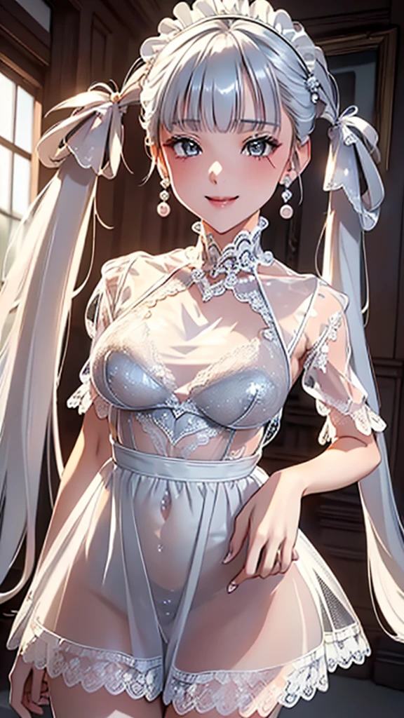 (((masterpiece, super high resolution, ultra HD, 8K quality))), (((((woman in Pearl White see-through Maid dress))))), (((((shining Silver twin tails hair, Bangs bangs)))))) ((((beautiful shining Grey eyes))))), (((eye highlights))), pink lips, sexy expression, ((highly detailed)), (perfect face), ((((very large breasts))))), (((charming smile))), photorealistic image, earrings, beautiful figure above the knees, standing, (((front view))), rainbow colored background