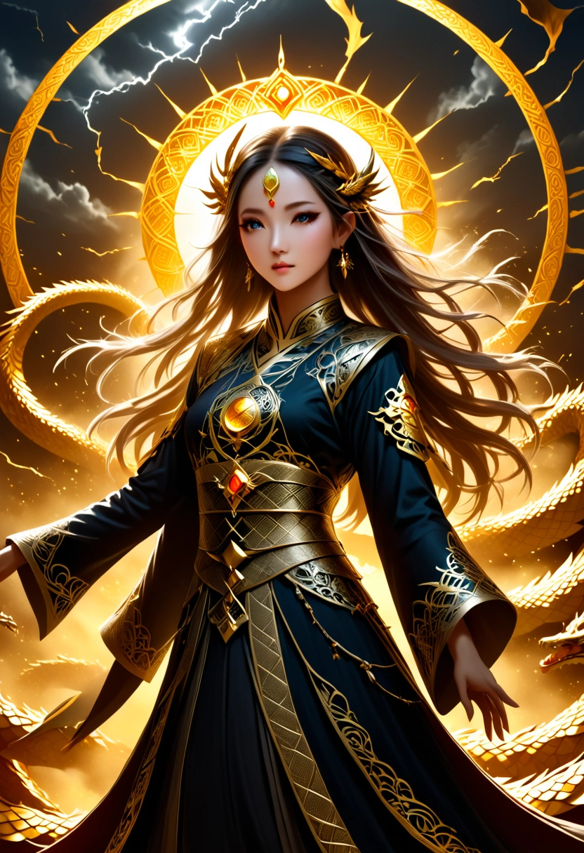 uhd, super model china beauty (big clear eye, golden ratio face,long hair,facing front,1girl,)
High priest is dancing dragon sword wear high priest detailed attire, with 9 colorfull dragons forming a circle behind her body. the sky light is blowing the clouds making gold dust grains form the silhouette effect of the woman. Background is flashing thunder strom in high detail. Cinematic,8k,1040x2400pixels