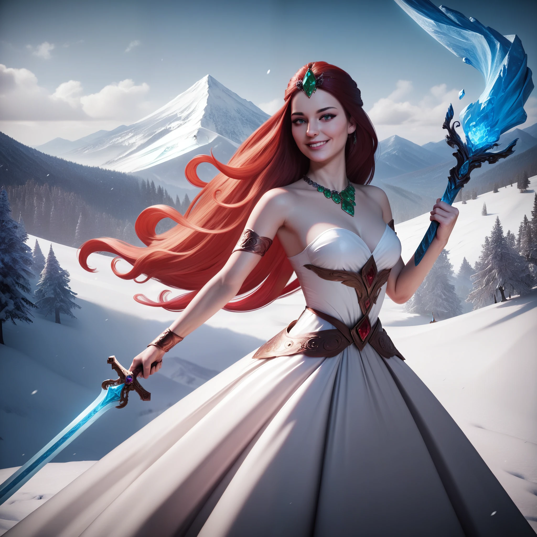 A beautiful woman with long flowing hair wielding an ice blue flaming sword, dancing in a snowy landscape, wearing a flowing white dress, adorned with emerald jewels, her confident smiling face surrounded by swirling clouds against a mountainous backdrop, (best quality,4k,8k,highres,masterpiece:1.2),ultra-detailed,(realistic,photorealistic,photo-realistic:1.37),extremely detailed eyes and face,longeyelashes,intricate ice sword,dramatic lighting,moody atmospheric,fantasy,cinematic,digital painting