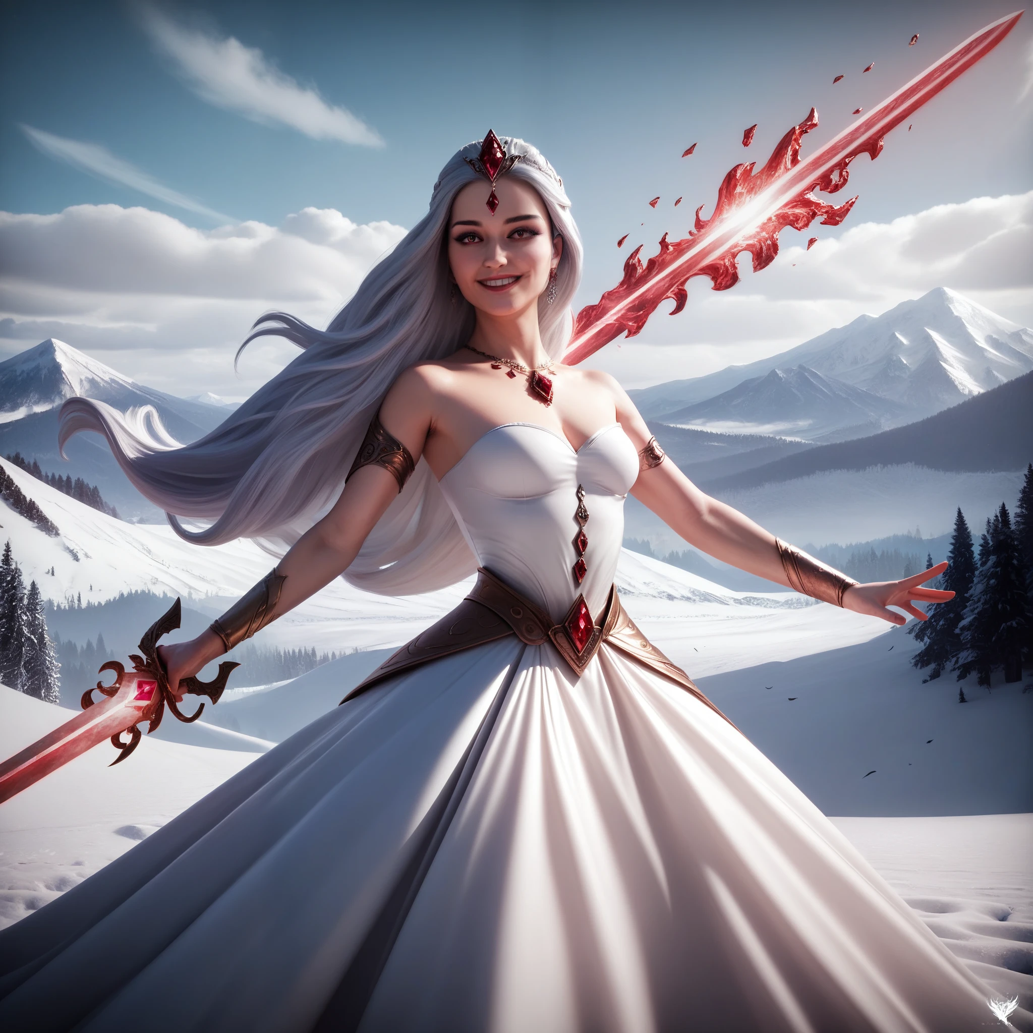 A beautiful woman with long flowing hair wielding an ice blue flaming sword, dancing in a snowy landscape, wearing a flowing white dress, adorned with emerald jewels, her confident smiling face surrounded by swirling clouds against a mountainous backdrop, (best quality,4k,8k,highres,masterpiece:1.2),ultra-detailed,(realistic,photorealistic,photo-realistic:1.37),extremely detailed eyes and face,longeyelashes,intricate ice sword,dramatic lighting,moody atmospheric,fantasy,cinematic,digital painting