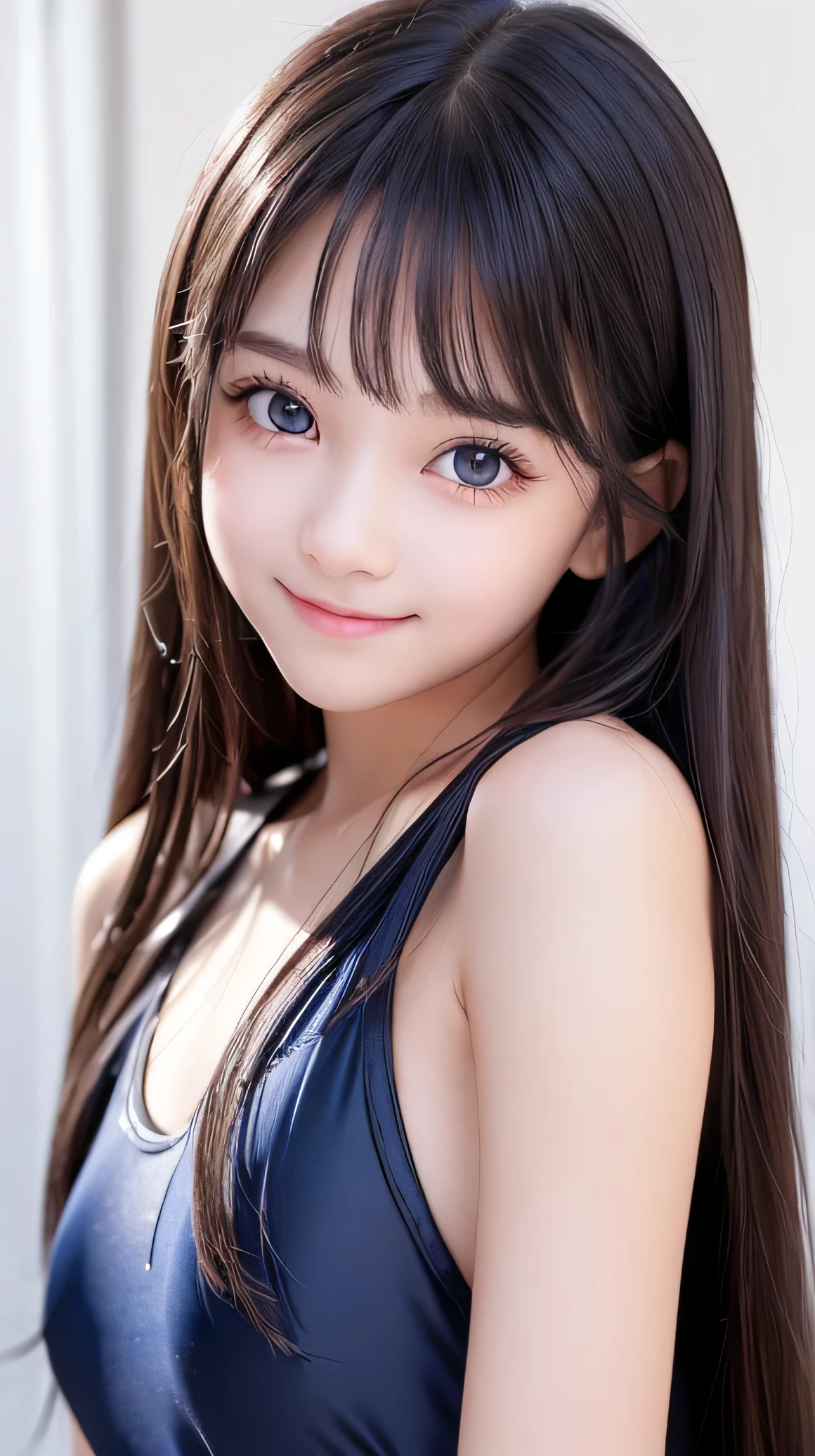 (Very beautiful  cutegirl), (very  cute face:1.2),, (sparking crystal clear attractive large eyes), best looks, Beautiful detailed eyes, Detailed double eyelids, (smiling), (realistic photograph:1.2), long straight hair,shiny metallic dark blue high-school swimsuit