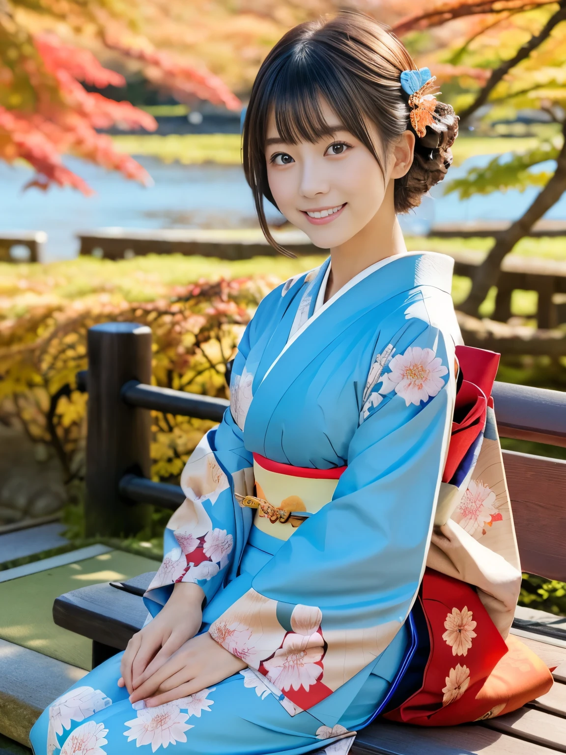 (masterpiece, best quality:1.2), 1girl, Alone, Japanese women, Beauty, 20 years old,  Perfect eyes with perfect symmetry,  Very detailed, hyper practical, masterpiece, AtmosphereHigh Resolution,  Happy expression,  Beautiful breasts,  Brown eyes,　(A luxurious kimono with a gorgeous Japanese-style floral pattern in red on a light blue background、Long-sleeved kimono, Kyoto Yuzen), smile, Black Hair、Short Hair, With bangs, Japanese style hair accessories, (Sit on a bench and look at the autumn leaves), (The background is a beautiful Japanese autumn landscape、nature, Autumnal leaves, Light)
