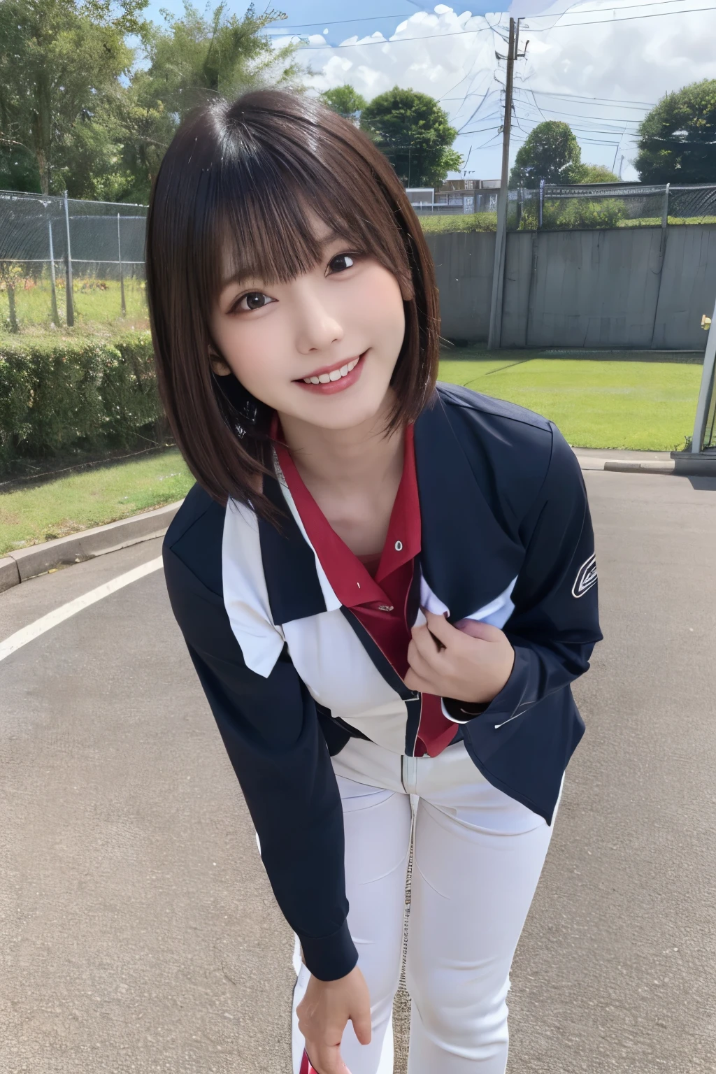 Japanese Girls、cute、Brown Hair、((Short Bob Hair、Deep blue eyes:1.2))、Shiny and smooth hair、Thick bangs、(A thoughtful smile:1.2), Very detailed顔と目,Highest quality, Ultra-high resolution,Ultra-realistic shiny skin、Very detailed, 8K, RAW Photos, Perfect Anatomy、White gym clothes、Volleyball uniform:1.4、Cityscape、