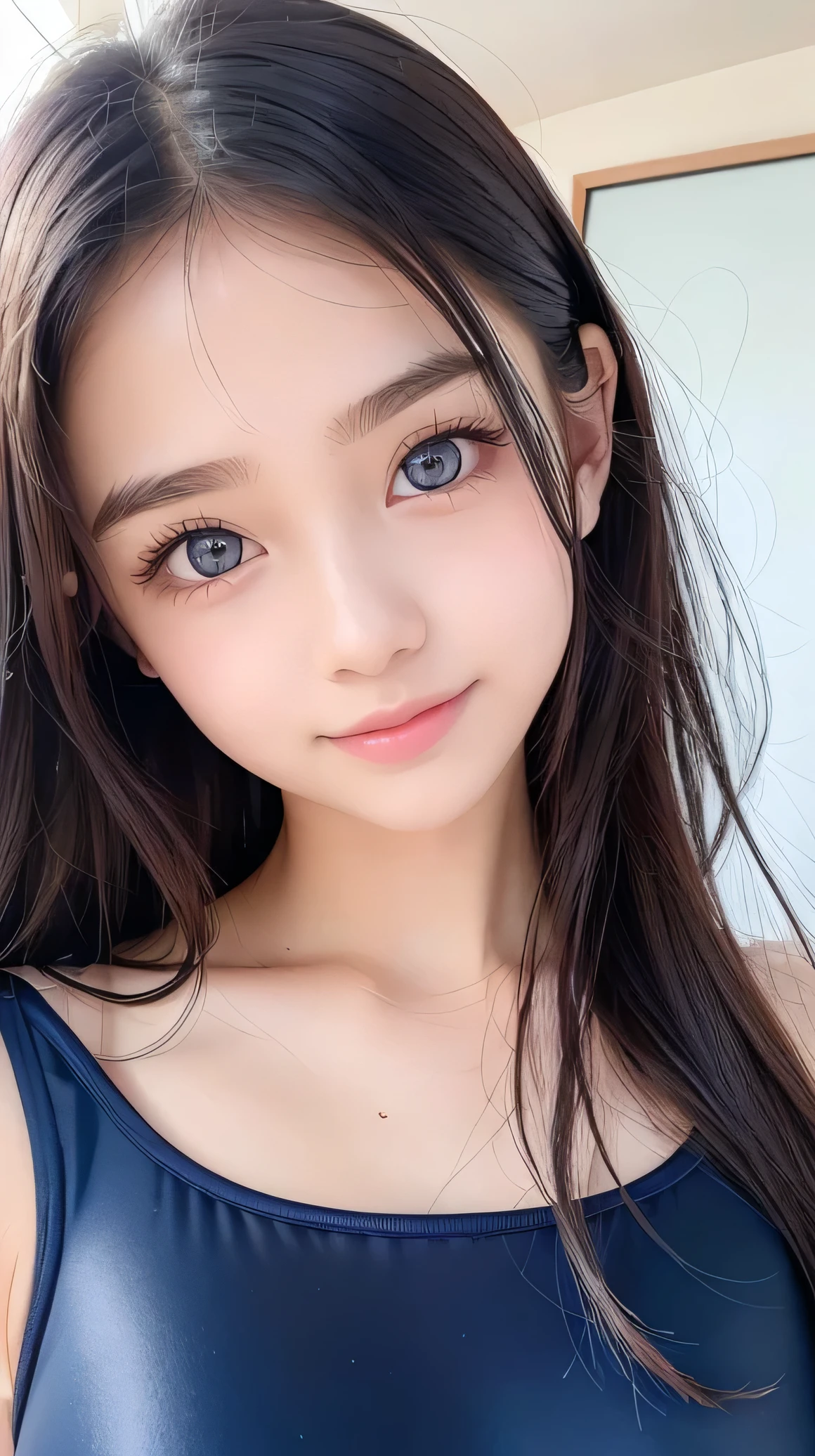 (Very beautiful cute girl), (very cute face:1.2),, (sparking crystal clear attractive large eyes), best looks, Beautiful detailed eyes, Detailed double eyelids, (smiling), (realistic photograph:1.2), shiny metallic navy blue school swimsuit,professional portrait