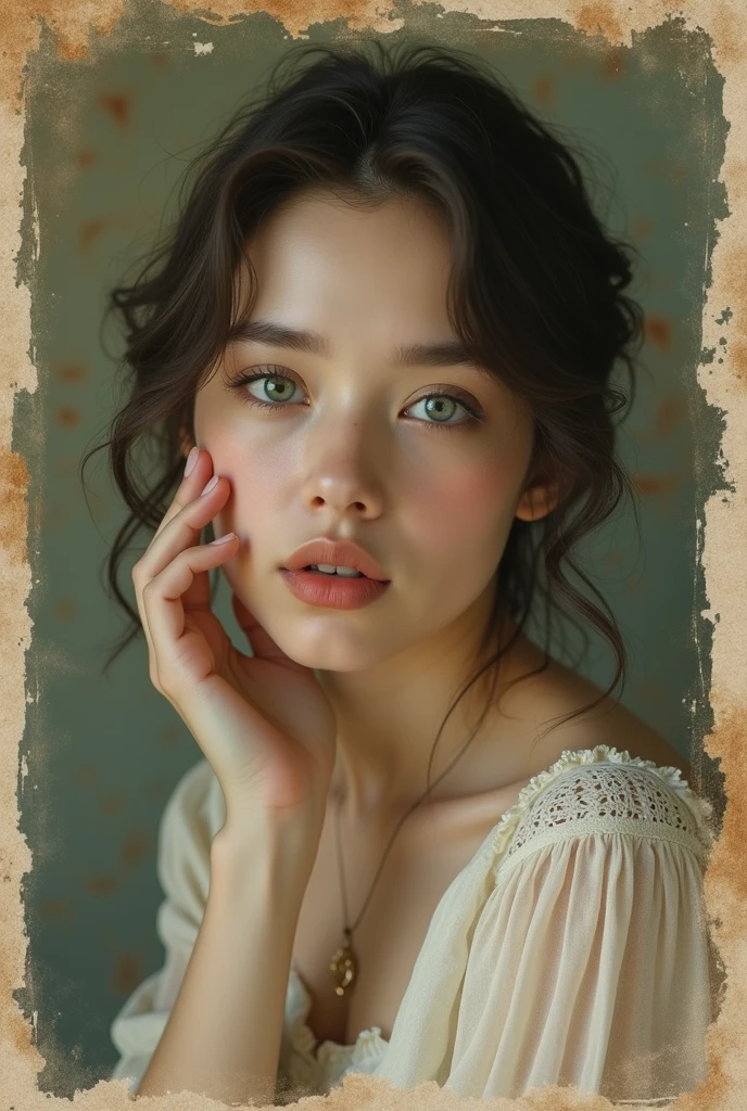 a close-up of a young woman's face, pose with hand on chin on a piece of paper, realistic old photograph, realistic old photo, grainy damaged photo, on old paper, aged photo, old photo, damaged photo, very old photo, old photo, post-grunge portrait, inspired by Anna Füssli, old photography, Piece Ebru Şahin, to restore.