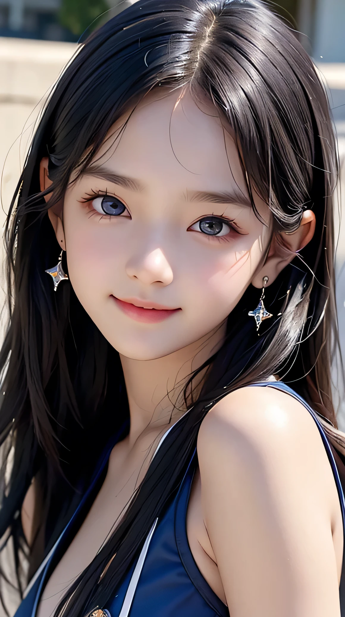 (Very beautiful cute girl), (very cute face:1.2),, (sparking crystal clear attractive large eyes), best looks, Beautiful detailed eyes, Detailed double eyelids, (smiling), (realistic photograph:1.2), shiny glossy dark blue school swimsuit,professional portrait
