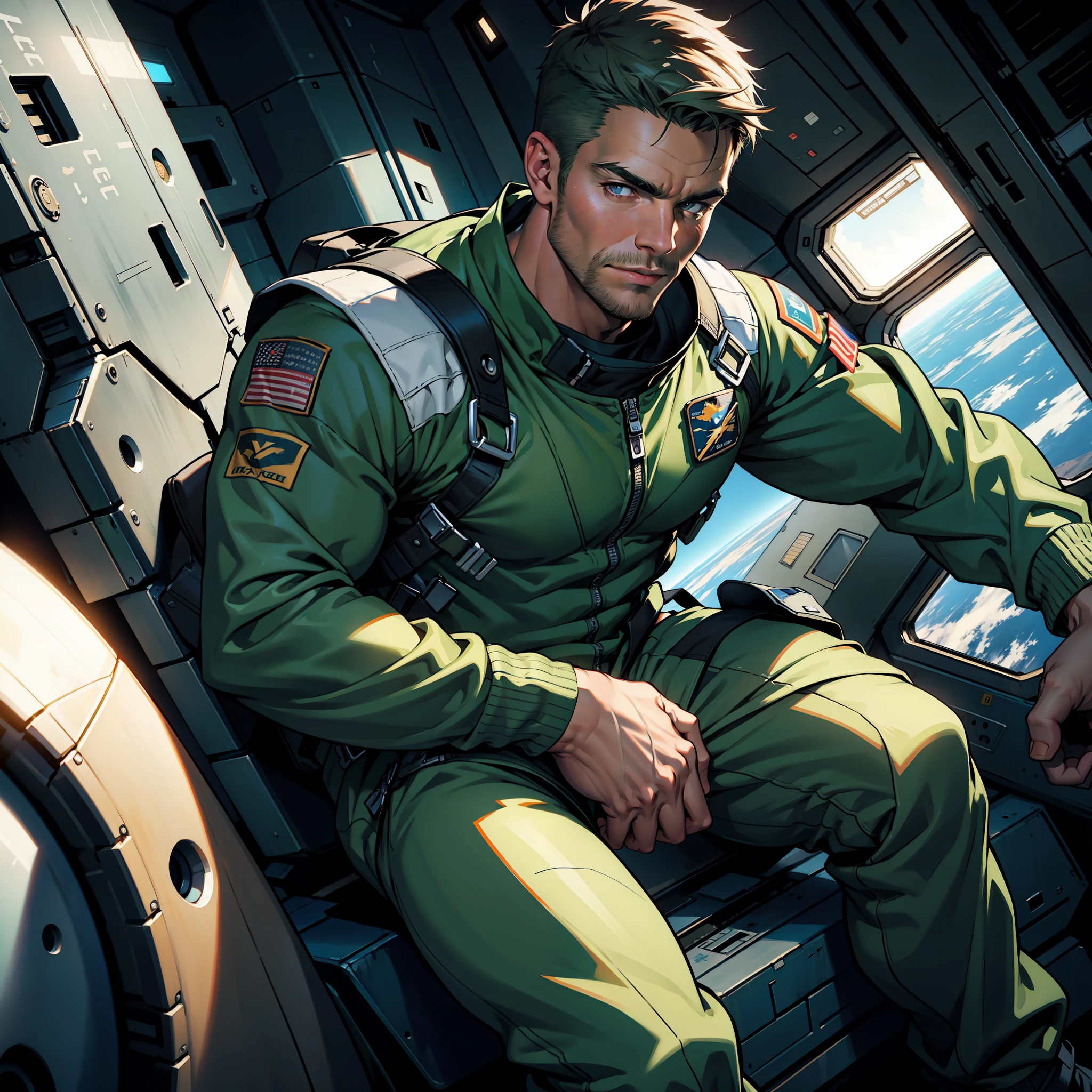 32k,masterpiece, best quality, detailed face, natural eyes,1man, solo mature man, muscled and mature, stephen amell as an astronaut wearing future space suit, dark green suit, showing muscles and bulge ,floating in the space inside a space shuttle , with "arrow" text and logo on his suit ,  full body, intricate Detailed background , volumetric lighting 