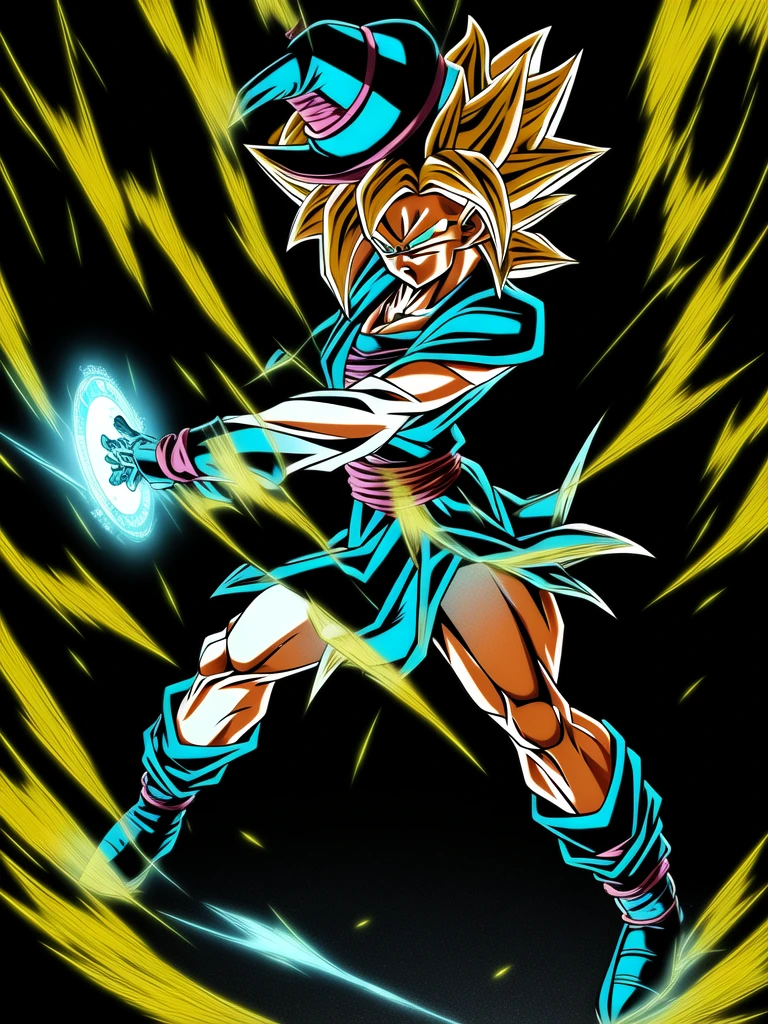 
dbz style, (extremely detailed CG unity 4k wallpaper),(masterpiece),(ultra quality),(ultra-detailed),(best illustration),(best shadow),(absurdres),masterpiece, best quality, cinematic light, 1girl, angry, dark magician girl, blonde hair, blue headwear, blue footwear, duel monster, hat, hexagram, long hair, looking at viewer, magic, magic circle, glow, glowing, glowing particles, sparks, saiyan's aura, wizard hat, yu-gi-oh!, dynamic pose, serious 