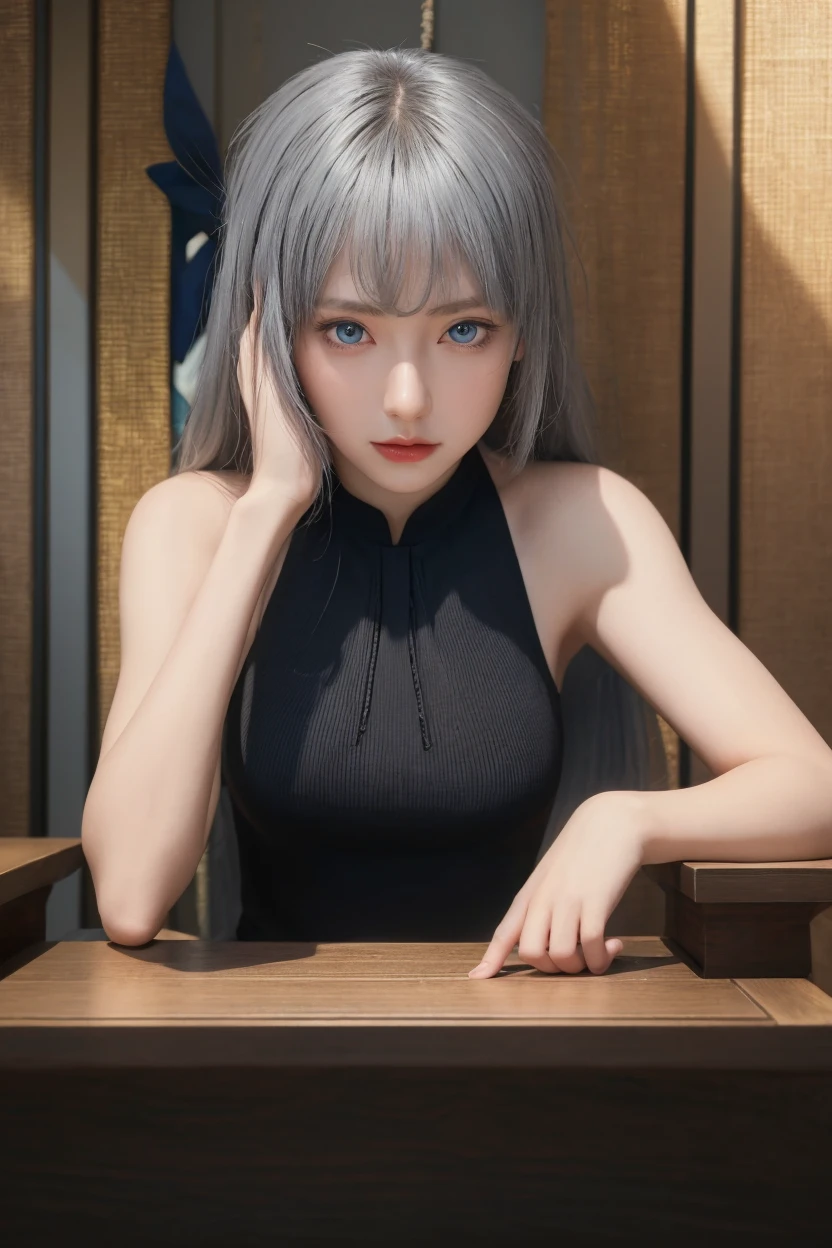 1 girl, 22 years old、cute, adorable, ((small eyes、blue crystal eyes、 　rays of light enter my eyes　 )), light smile, (alone), ((small face)), (ponytail), thin, Warm skin tone, (Silver-gray hair with dazzling highlights、shiny bright hair,　thin髪、shiny shiny hair、one eye hair、stick out one ear、delicate hair、Platinum Long Hair)、(light purple open cardigan), (white t-shirt), elevation angle, head tilt, 8K, Raw photo, highest quality, (masterpiece:1.2), (realistic:1.3),( Inside the spacious cafe), Tea cup, Foliage plant, table, sitting by the window, small head, ,full body female, dream-like, dream-like, elevation angle, Floating, golden hour lighting, sharp focus, intricate details,　((big bust:1.2、pointed bust 1.2))、((perfect hair、perfect arms、　perfect fingers、　perfect feet、　perfect arms、　perfect nose、perfect face、　perfect eyes､　perfect mouth　))、Best Position、best quality、Best Balance、Nice balance、nice body line))、
