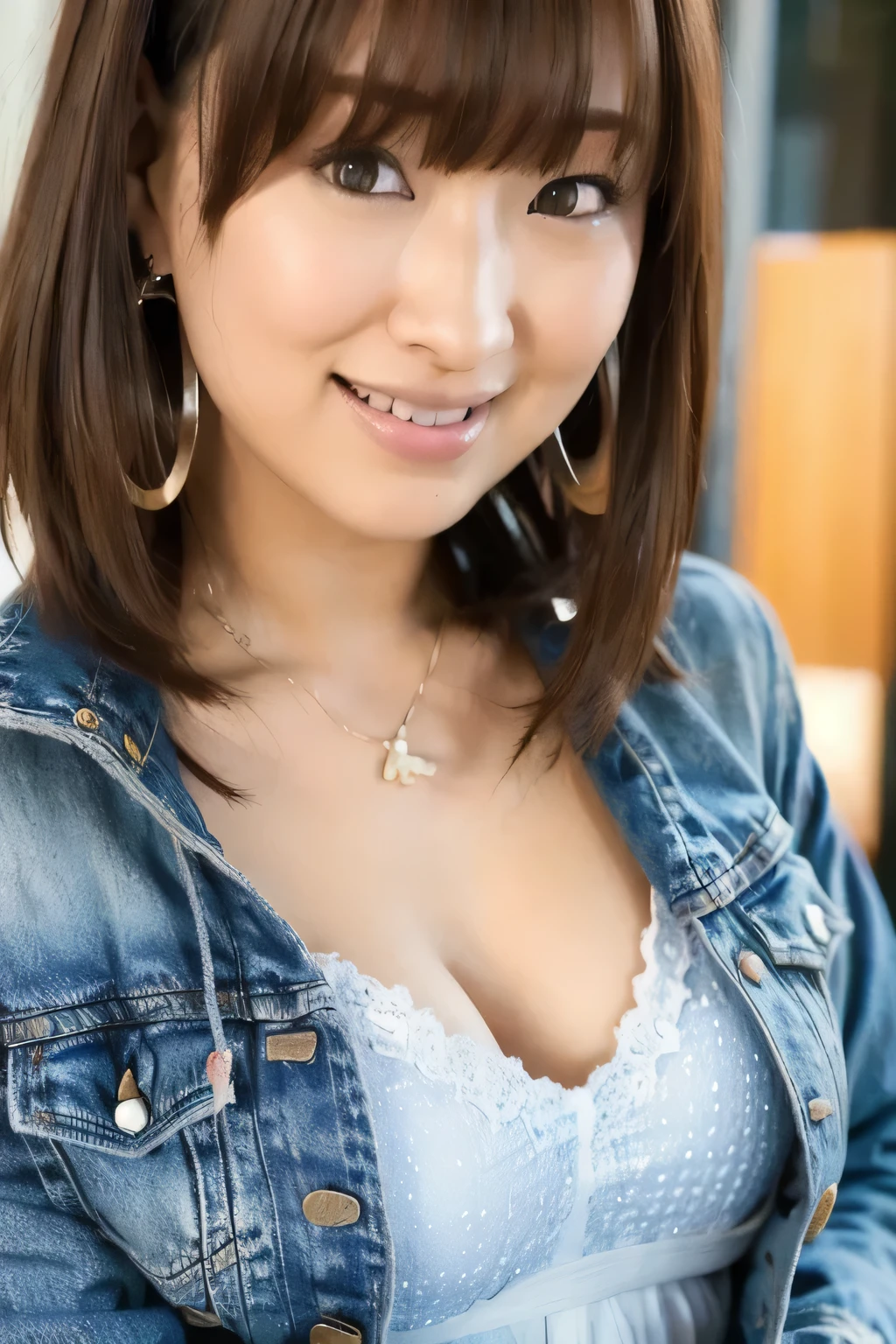 (((Beautiful woman standing facing front))),(Masterpiece, Best Quality: 1.2), 1girl, Solo, Bust Shot, ((Big Laugh, happiness)). Detailed Face, (((looking at viewer))),, Very Beautiful Woman in Black T-Shirt and Denim Jacket, (((extremely sharp focus, sharp cutting edges))), Beautiful Sweater, Japanese Adult Film star, Borno actress, movie premiere, dark and gloomy atmosphere, (((background is Tokyo night scene, blur, bokeh)), (realistic:1. 2) (Bokeh) (best quality) (detailed skin:1. 2) (intricate details) (At night) (8k) (high resolution) (Cinema Lighting) (Sharp focus), ((Close-up portrait:1.2)), (Earrings), Avert your eyes ,(nature_skin,realskin:1.5), black_eye, low _Anggled shot, outside_door,
