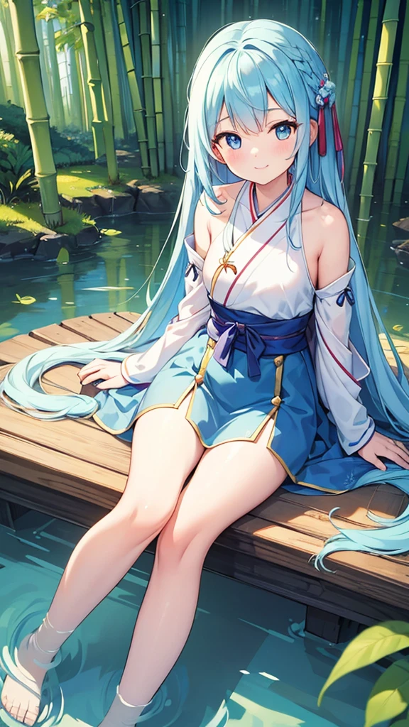 Masterpiece, best quality, art, 8k wallpaper, very detailed, illustration, 1 girl, sky blue hair, long hair, detailed eyes, Forrest Gump, bare shoulders, hanfu, lake, pure, soft smile, fair long legs