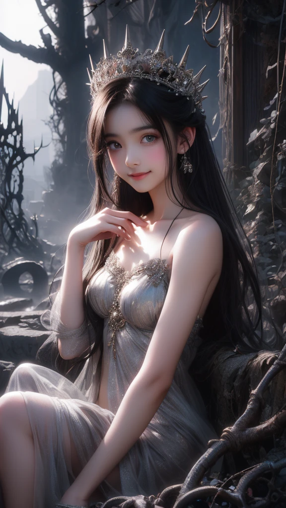 Standing In the woods、hair flow、 ((best quality、masterpiece、8K、Best image quality、Ultra-high resolution、Award-winning works)、(Accurate anatomy:1.1)、(Look at me and smile:1.1)、Shining fair skin with Ultra-high resolution、The most delicate face、Ultra-high resolution detailed face、Ultra-high resolutionの髪の毛、(Ultra-high resolution eye:1.1)、Delicate face,The details are portrayed vividly、Costumes , Chest to chest, strange atmosphere, A real wolf is staring at her...., dark light, In the woods , Heavy makeup