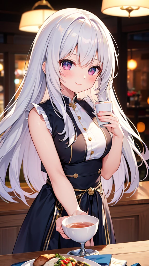 masterpiece, highest quality, High resolution，Anime Style、Silver Hair、Long Hair、blue eyes、Cafe、Baggy sleeveless top、Thick thighs