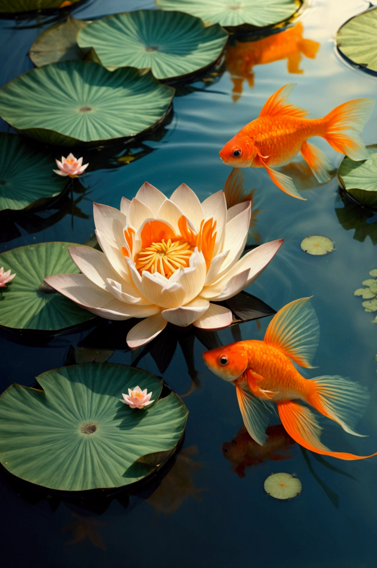 a goldfish in the pond swimming near a lotus flower, underwater picture