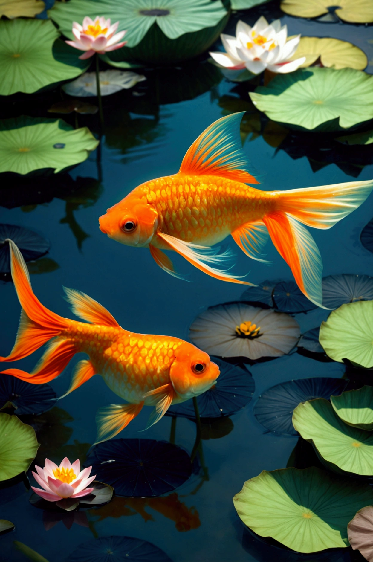 a goldfish in the pond swimming near a lotus flower, underwater picture