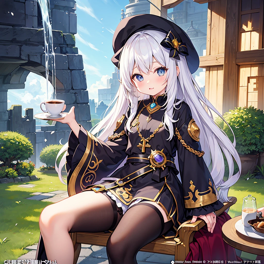 Anime girl sitting on a chair with a coffee cup in hand, Alchemy Girl, Light novel cover, Official Art, Epic Light Novel Cover Art, Official Artwork, epic Light novel cover, Change, Different World, small curve Change, Ancient Saudi wreath, Kushat Kurunz Key Art - Women, Shadowverse Style, Cute Dwarf,