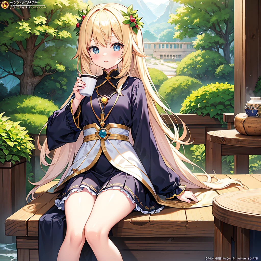 Anime girl sitting on a chair with a coffee cup in hand, Alchemy Girl, Light novel cover, Official Art, Epic Light Novel Cover Art, Official Artwork, epic Light novel cover, Change, Different World, small curve Change, Ancient Saudi wreath, Kushat Kurunz Key Art - Women, Shadowverse Style, Cute Dwarf,