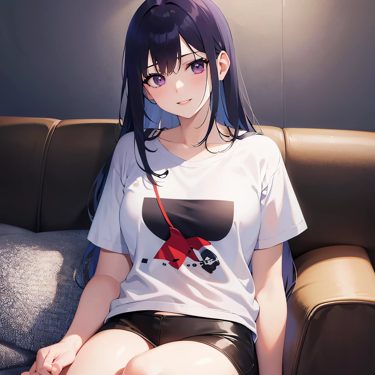 A sexy girl with long dark blue hair with red eyes and with a t-shirt and shorts in a modern apartment in the living room
