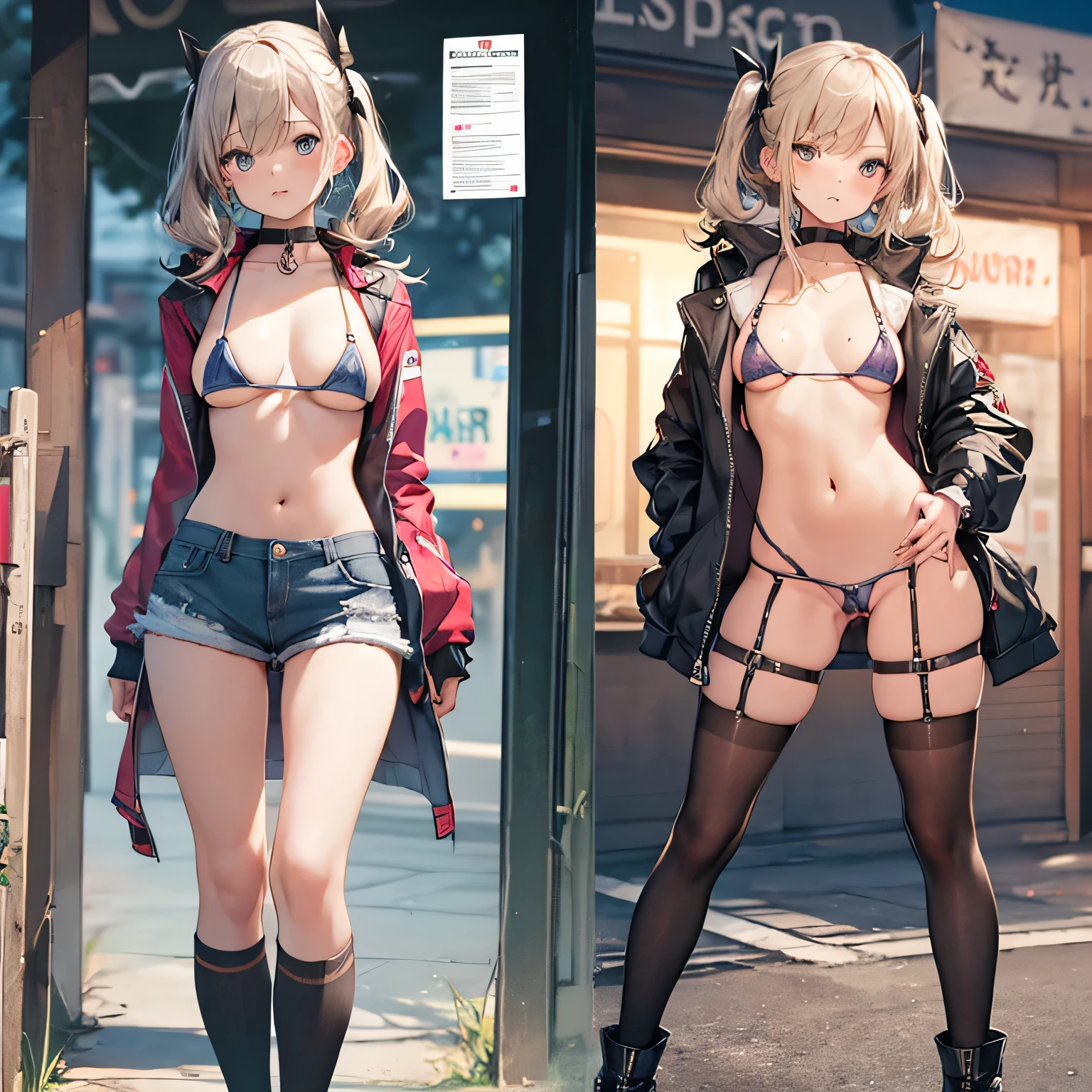 (nsfw),'(masterpieceThe best quality, Very detailed, 8K wallpaper, Realistic), 1 person, Curvaceous yet slender body,Realistic eyes、Anime Face、(Very embarrassing:1.3),(:1.4)、Underbust　Big Breasts, Shiny transparent tiny micro bikini top　Showing off nipples, Fleece jacket, Half naked and in short shorts, Long knee socks, Bangles, Choker, Twin tails, Backpacks, 、((Open your vagina with both hands　Show me your vagina))、(Cum in pussy:1.3)、street, Street lamp, Late Night、((2-view,Chest, butt and crotch,Character sheet simple white background))