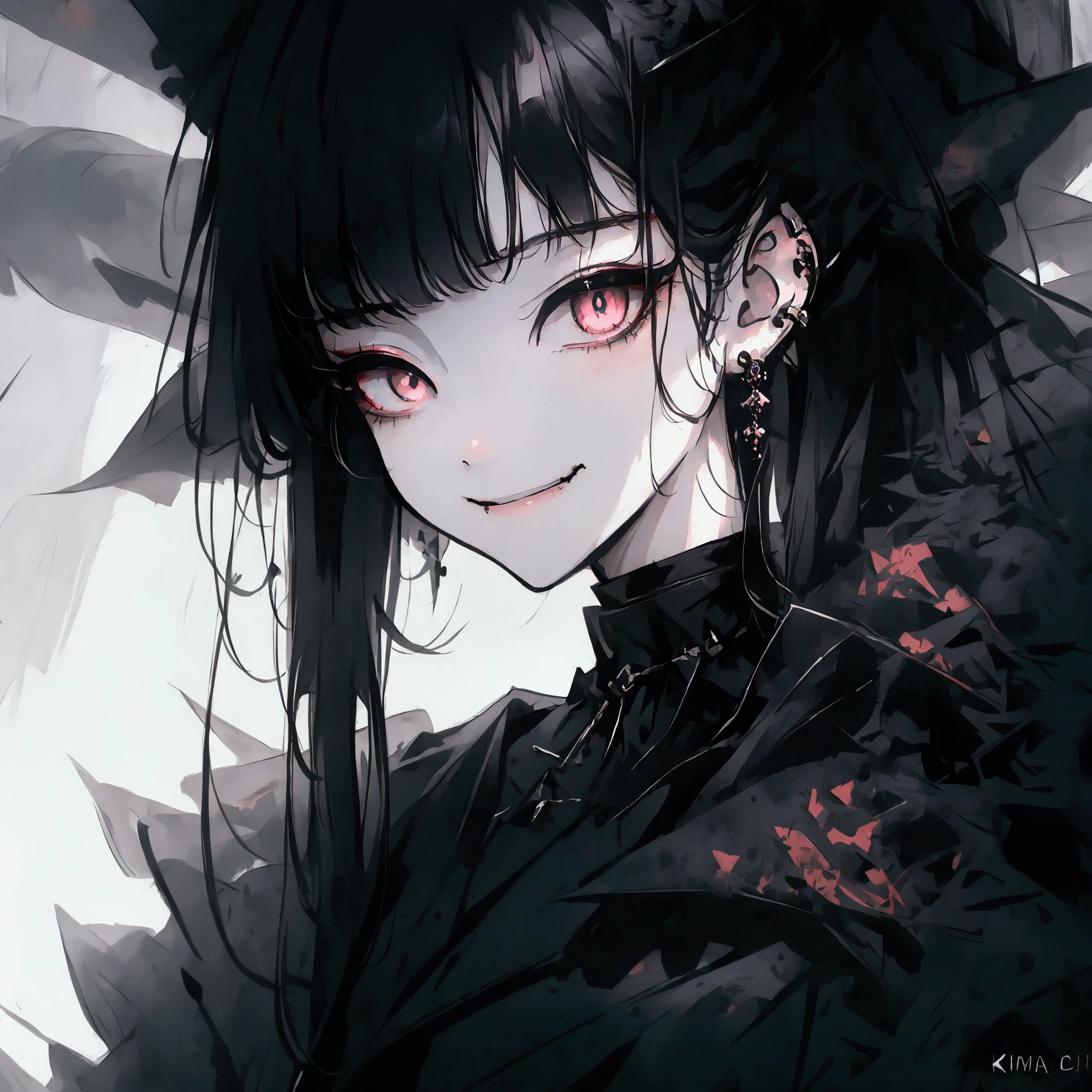 4K,detail,1girl,Lots of earrings,Kuma,black hair and eye,darkness,Gothic,tobacco,smile,ephemeral,Low Saturation,portrait