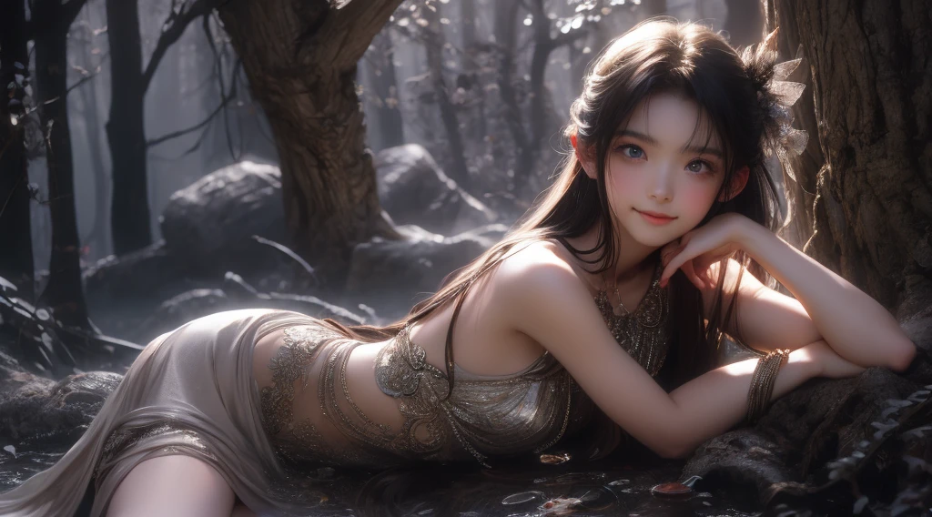 elf portrait, enchanting beauty, fantasy, ethereal glow, pointed ears, delicate facial features, long elegant hair, nature-themed attire, mystical ambiance, soft lighting, tranquil expression, harmonious with nature, subtle magical elements, serene, intricate jewelry, dreamlike quality, pastel colors nude spread legs
