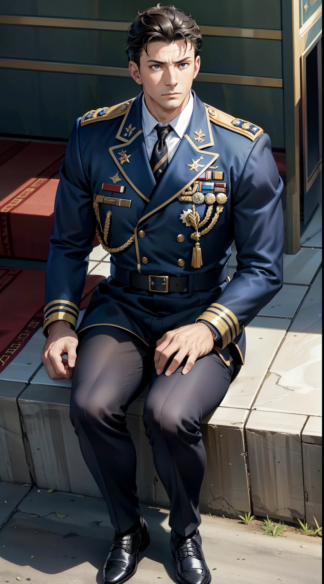 RAW photo, absurdres, high quality, photorealistic, sharp focus, airforce_uniform, portrait of a man wearing a blue air force uniform, looking at viewer, upper body, pants, boots, sitting, outdoors, sunlight, photo realism, ultra-detailed, 50mm, f1. 4, 8k uhd, film grain, <lora:airforce:1>