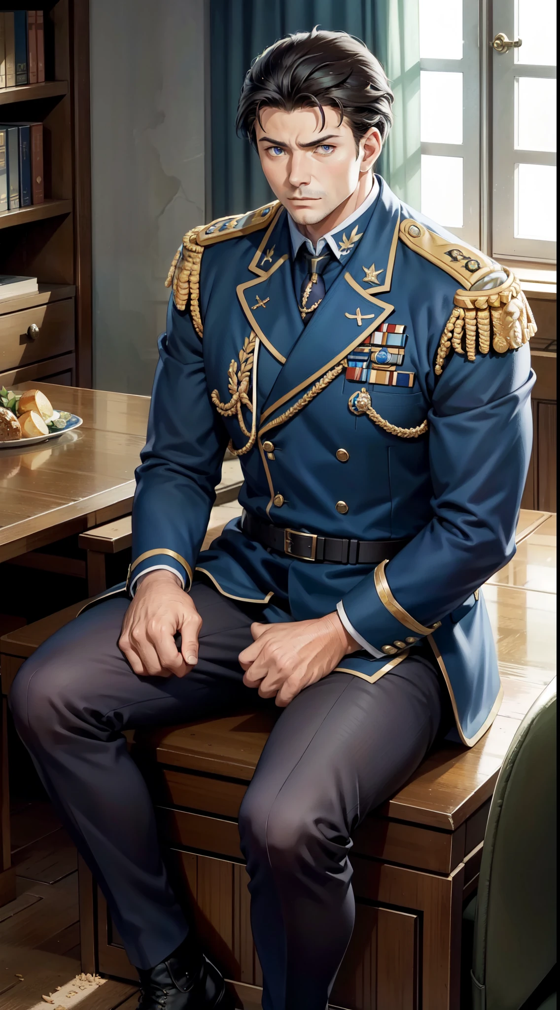 full body portrait of a handsome general,sitting on the chair,luxury hall,military formal suit,black military boots,mature,manly,legs spread,shot from below,