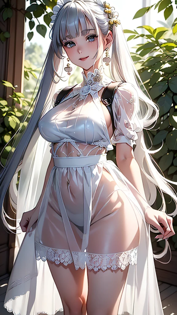 (((masterpiece, super high resolution, ultra HD, 8K quality))), (((((1woman in pearl white see-through maid dress)))))), ((((shining silver pigtail hair, bangs)))))) ((((beautiful Shining grey eyes)))))), (((highlights on eyes))), pink lips, sexy expression, ((very detailed), (((perfectly proportioned body and beautiful face))), ((((very large breasts))), (((narrow waist, beautiful legs))))), (((charming smile))), photorealistic image, earrings, beautiful figure on knees, standing pose, (((front view))), ((Beautiful White rose garden in background))