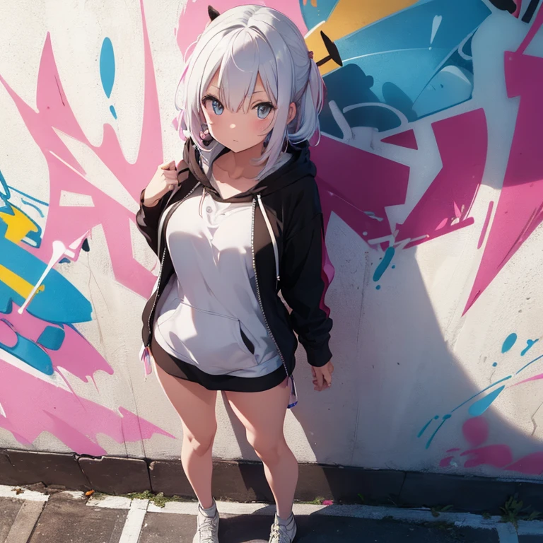 Cozy cute short girl squatting outdoors in white hoodie, cat ears, (floating lens flare bubbles), fangs, (detailed eyes, two-tone eyes, purple turquoise gradient eyes), short white hair, fluffy hair, sneakers, white lingerie, black miniskirt, park scenery in broad daylight, dynamic angle
