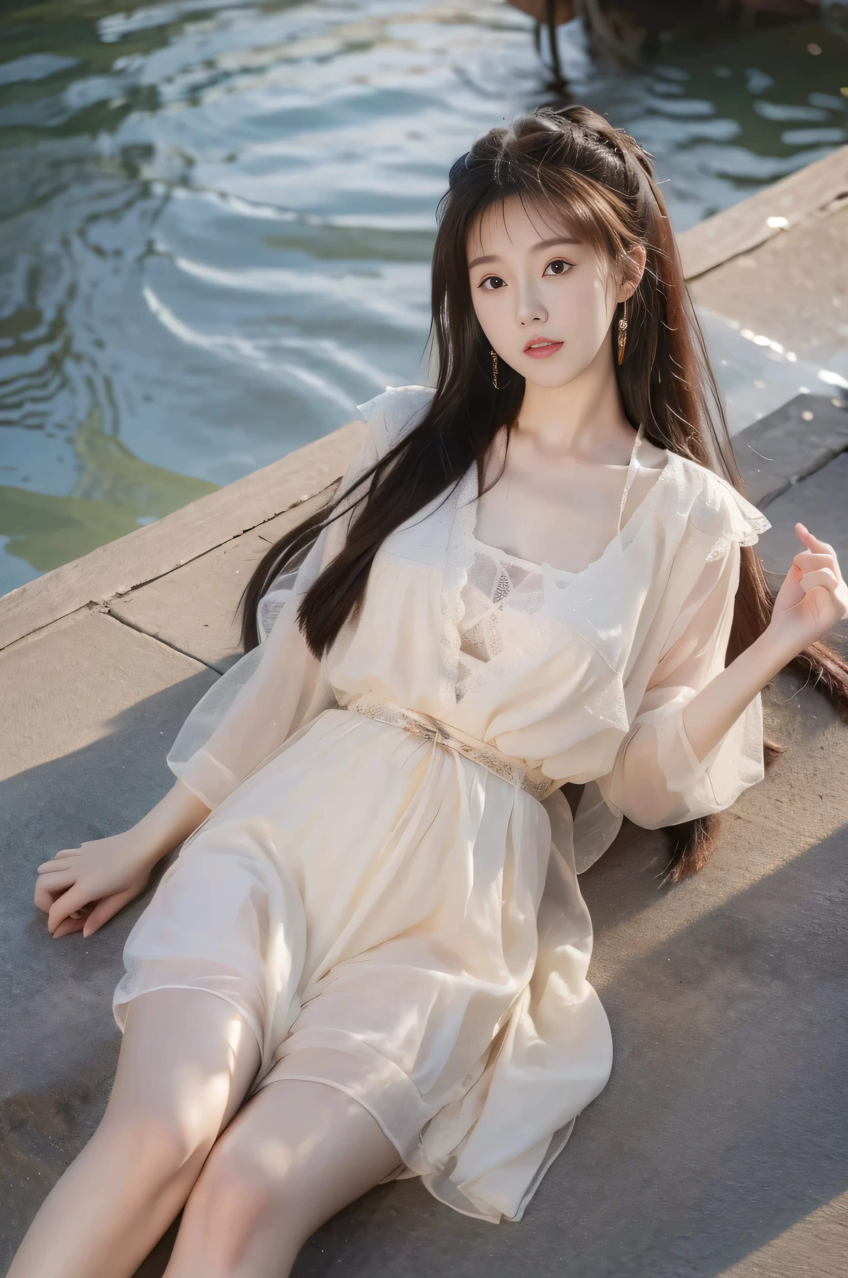 A beautiful Chinese girl，Hiding hands behind clothes，Medium length hair，Lying on the ground，Full body photo，The chest is abnormally full，Abnormally plump figure，Perfect body proportions