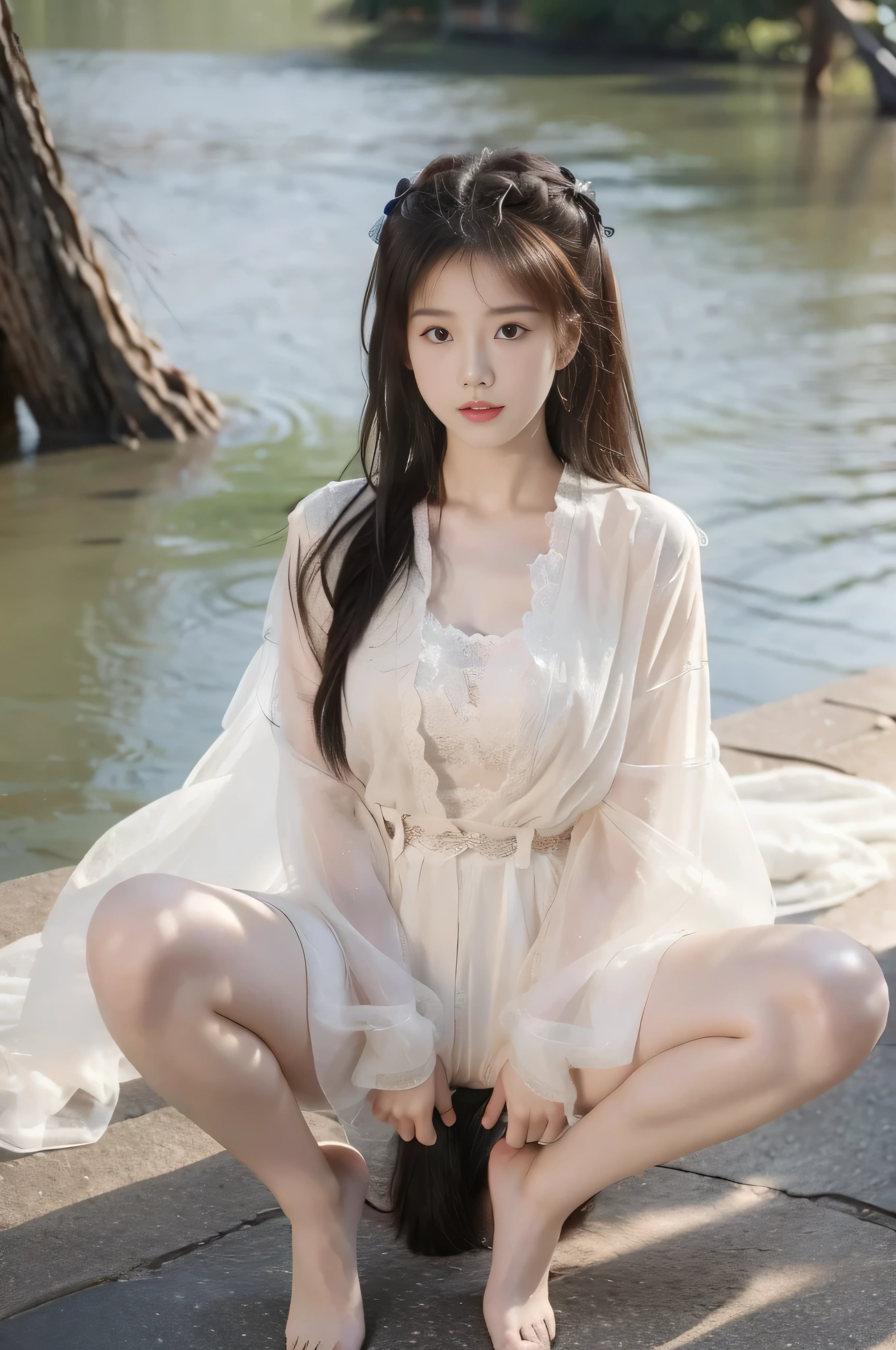 A beautiful Chinese girl，Hiding hands behind clothes，Medium length hair，Lying on the ground，do the splits，Full body photo，The chest is abnormally full，Abnormally plump figure，Perfect body proportions