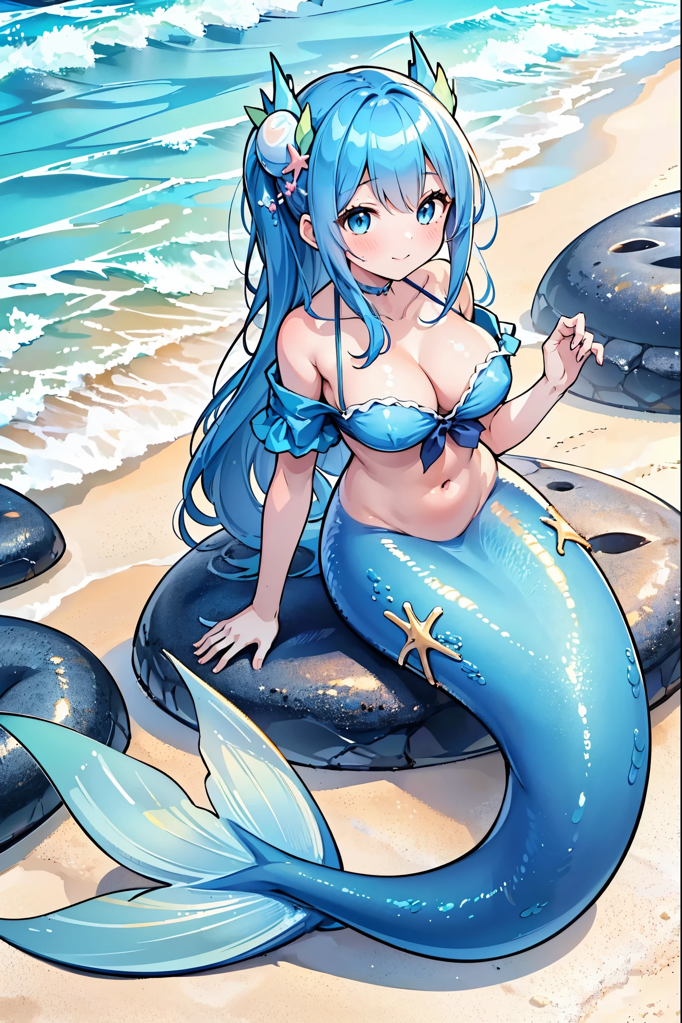 (masterpiece,Best quality),(Full fingers),A woman,Mermaid,Blue Shirt,White short sleeve,Large Breasts,藍色的Mermaid尾巴,Full body photo,beach,beach,坐在beach上,charming脸(Kawaii, charming,Soft)