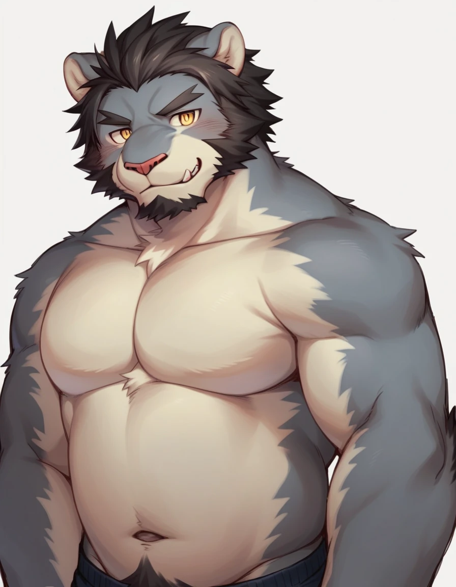Anthropomorphic cat. Muscular gray brindle coat. green eyes. Black hair is naked. Black stripes on his arms and gray fur all over his body but not on his hands and paws.. White fur hands. And white fur legs. From ahead. He has a very small small penis staring straight ahead