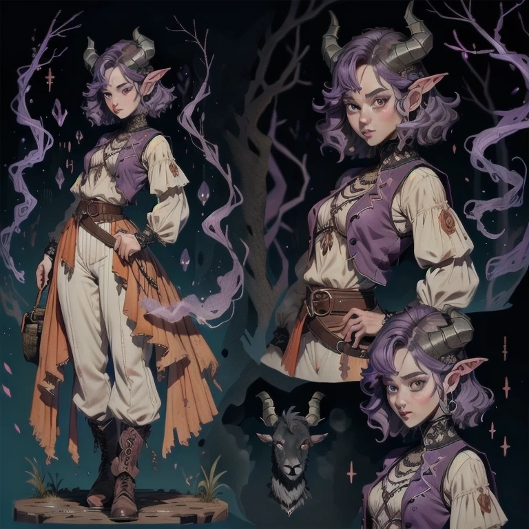 A female half demon, full body, aquarela style, character sheet, fantasy clothes, blouse and waistcoat, pants, boots, belt, great goat horns, purple skin, holding a amulet, medium short purple hair, fight pose