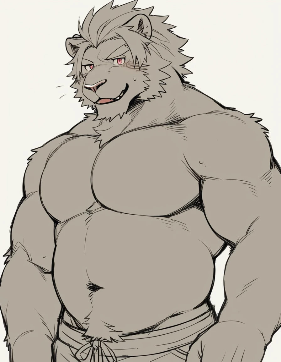 ((SFW, furry, kemono, anthropomorphism, anthropomorphic lion, anthro lion, bara, debu)), (sketch-like, cartoon style, flat colors), male, 1 guy, Solo, Upper body, Casual, (short hair), lion, (hair, snout), small round lion ears, light pink nose, crooked mouth, smiling, detailed face, (large cartoon eyes, perfectly circular eyes), red pupils, detailed fluffy fur, (((short straight swept-back hair, short jagged pointy hair, short slicked back hair, extremely short beard, curly beard, puffy frizzy goatee, widows peak))), relaxed body, digital art, sweaty, (((soft muscular arms, (soft perfectly-round chubby torso, soft body), tall pecs, very tall pectoral region, very short abdominal region, perfectly round chest, wide body, smooth bare chest, small gap between pecs, breastbone, big round delts, smooth circular deltoids))), white stomach, black beard, ((short black hair, short black hair, thick jagged eyebrows, light grey body, gray body)), pale underbelly, white counter-shaded torso and mouth, (((white background))), (dark grey faded boxerbriefs, monochrome grey trunks), pastel light blue towel on his shoulder, lion tail, (vertically stretched bellybutton, navel low on torso), thin legs, narrow calves