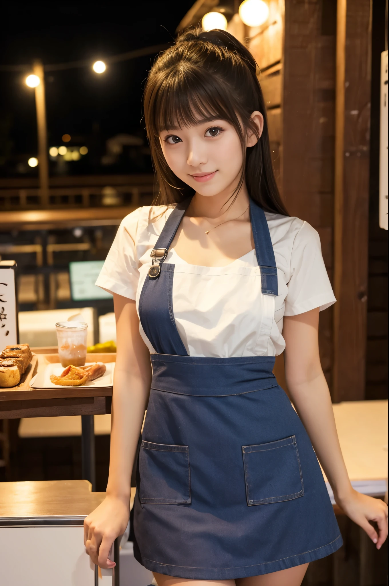 A girl (twenty years old, Japanese cute face) are wearing apron, mini skirt at the beach bar