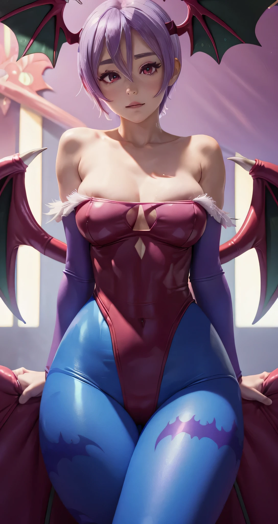 Lilith aensland her super thick breasts、purple hair、、8K, 4k, Of the highest quality, high resolution: 1.2),flicker、、cute anime face、pink blush on the cheeks.、noise removal,Very close to the screen... (((her perfect body))) that her body can be seen from head to toe in her very tight suit (((Masterpiece of the perfect body ))),(((Very close to the screen)))(((with its wings spread out )))