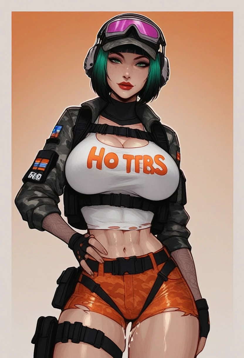 score_9, score_8_up, score_7_up, 2girls, Ela and dokkaebi \(Rainbow Six Siege\), voutfit, red eyes, slit pupils, black lips,(((massive breasts))), oiled, overhead shot, cupping breasts