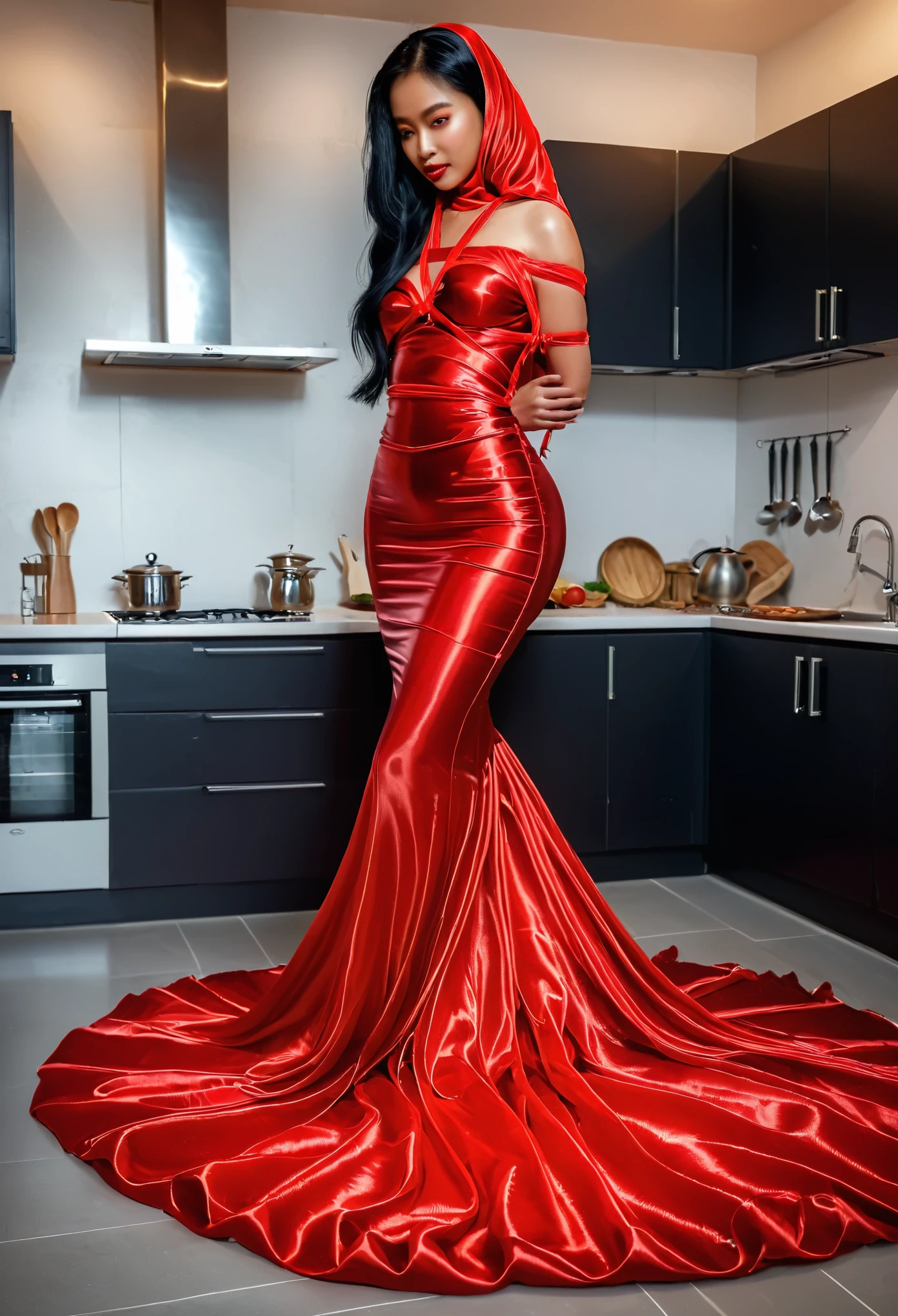 A malay woman shrouded in a 10-meter-long, plush red  transparent satin shimmer cloth, tightly bound and grandly draping along the form of her body, poof style on the bottom outfit, flowing off into a pooled floor-length train, styled in a mermaid-inspired outfit, long straight black hair, tall woman,in kitchen, a full-body pose conveying a sense of mysterious elegance, captured in a 4k resolution, ultra-realistic